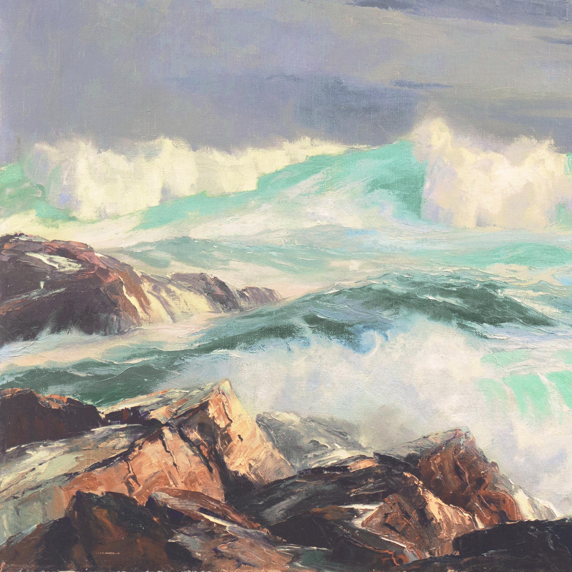 Signed lower right, 'Edward Norton Ward' (American, born 1928) and painted circa 1960; additionally signed, verso, and titled 'Heavy Seas, Pt. Lobos'.

A substantial evening seascape showing dramatic breakers rolling in towards the the rocky coast