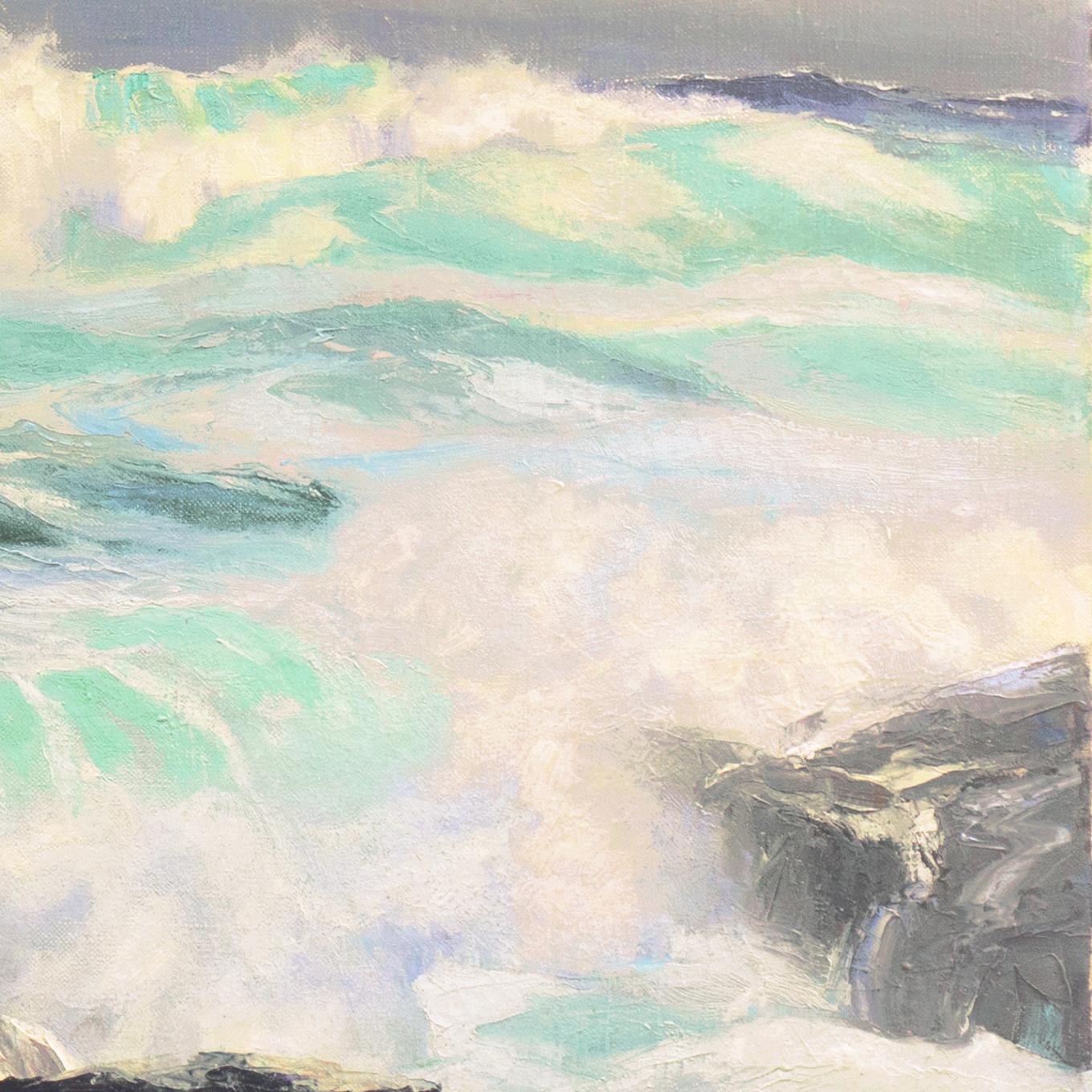 Signed lower right, 'Edward Norton Ward' (American, born 1928) and painted circa 1960; additionally signed, verso, and titled 'Heavy Seas, Pt. Lobos'.

A substantial evening seascape showing dramatic breakers rolling in towards the the rocky coast