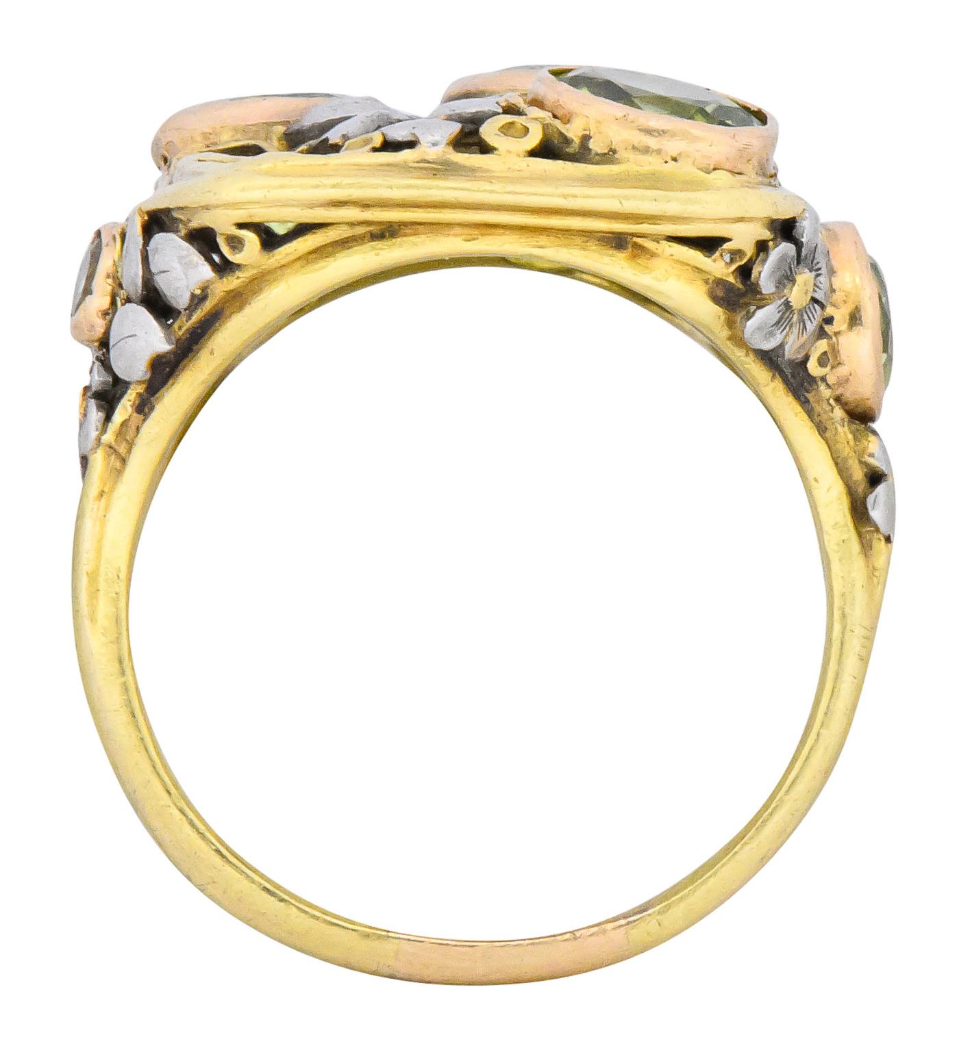 Round Cut Edward Oakes Arts & Crafts 2.15 Carat Peridot 18 Karat Two-Tone Gold Ring