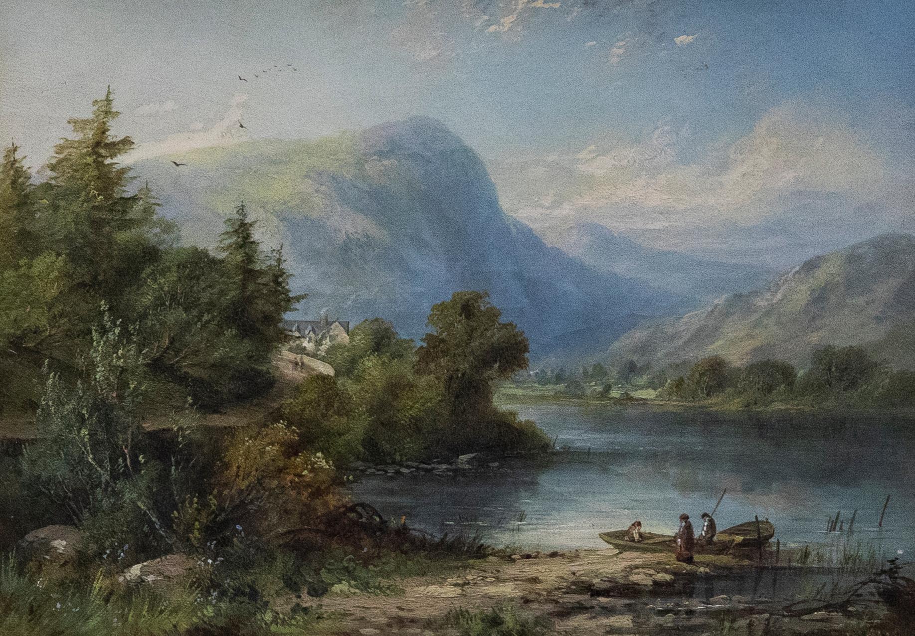 A charming oil study by listed artist Edward Partridge depicting Llyn Gwernan in North Wales. In the foreground figures set out on a small rowboat before a vast mountainous landscape. To the left hand side of the composition a building that is now