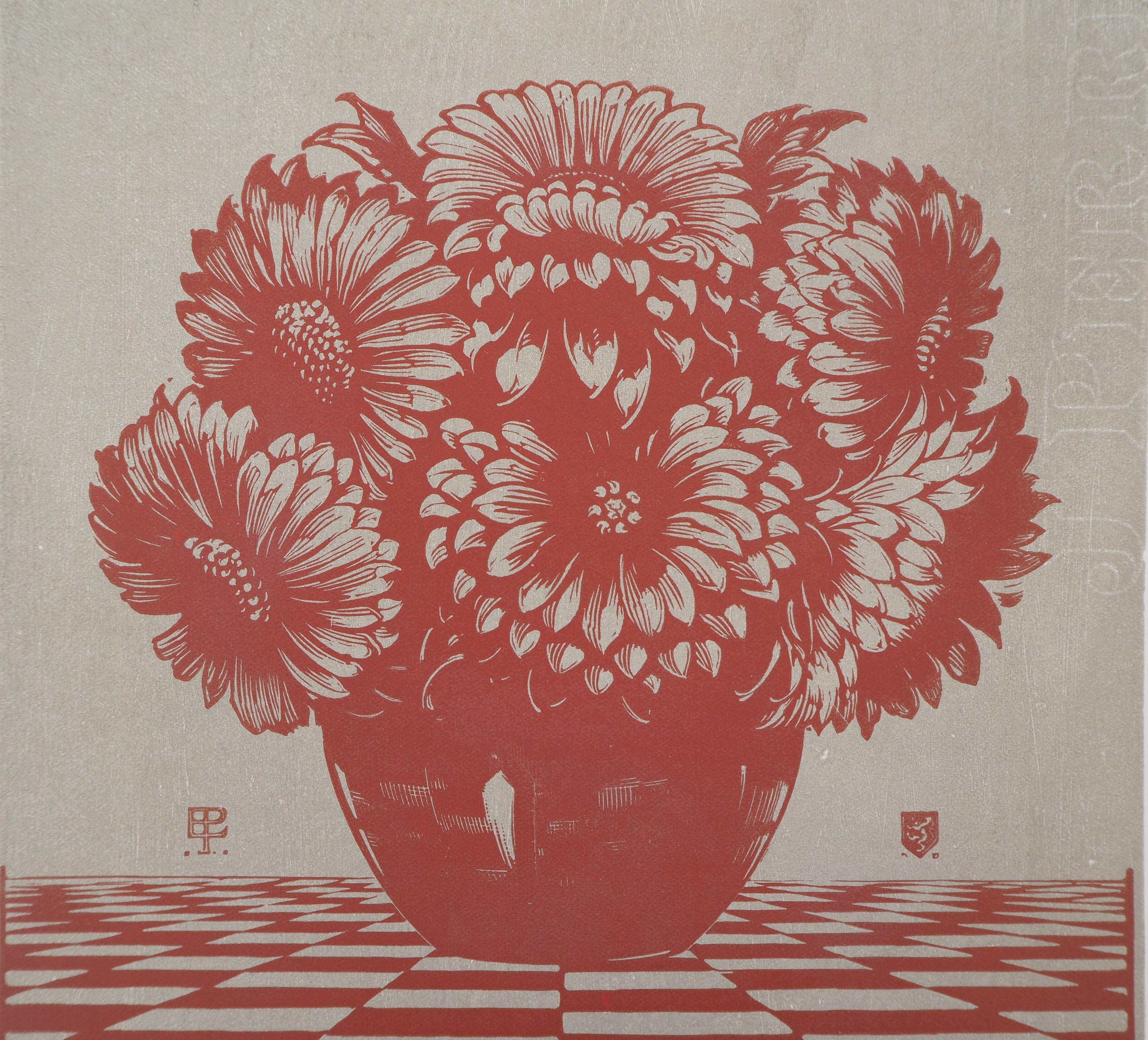 Red Bouquet of Flowers - Original woodcut, Handsigned - Print by Edward Pellens