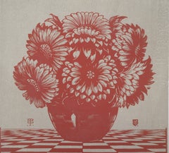 Bouquet di fiori rossi - xilografia originale, firmata a mano