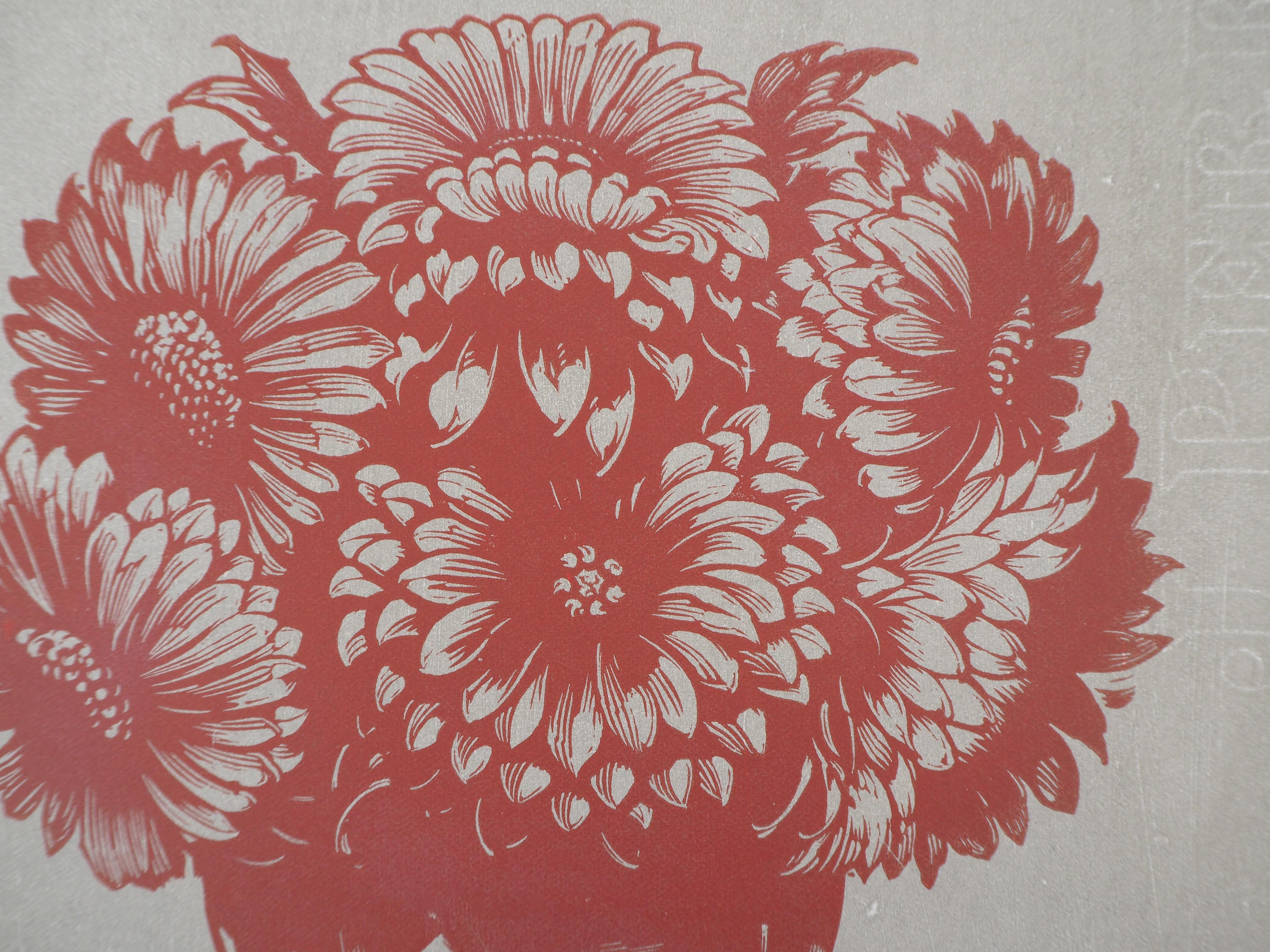 Red Bouquet of Flowers - Original woodcut, Handsigned - Art Deco Print by Edward Pellens