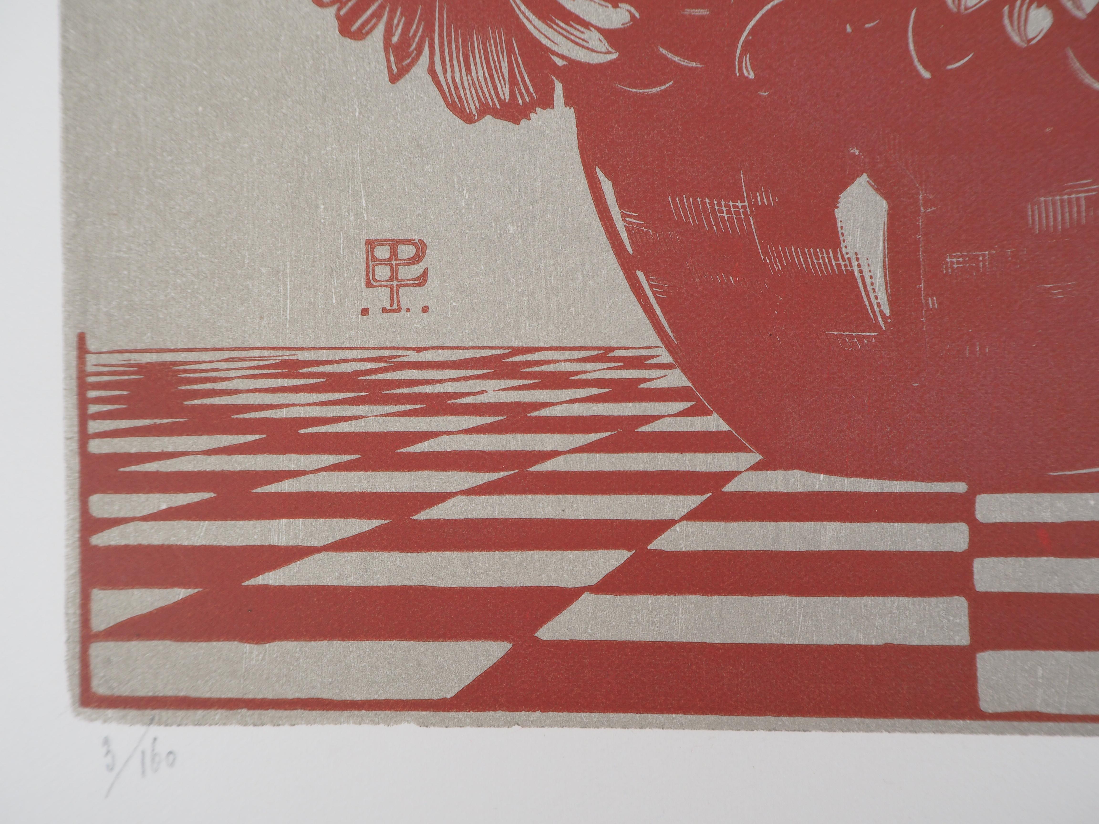 Red Bouquet of Flowers - Original woodcut, Handsigned - Gray Figurative Print by Edward Pellens