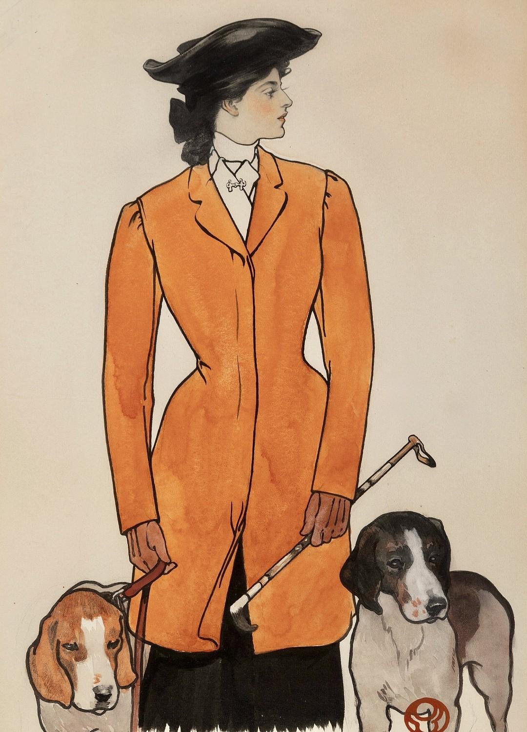 Edward Penfield Animal Painting - Woman with Hounds, Original Cover for The Saturday Evening Post