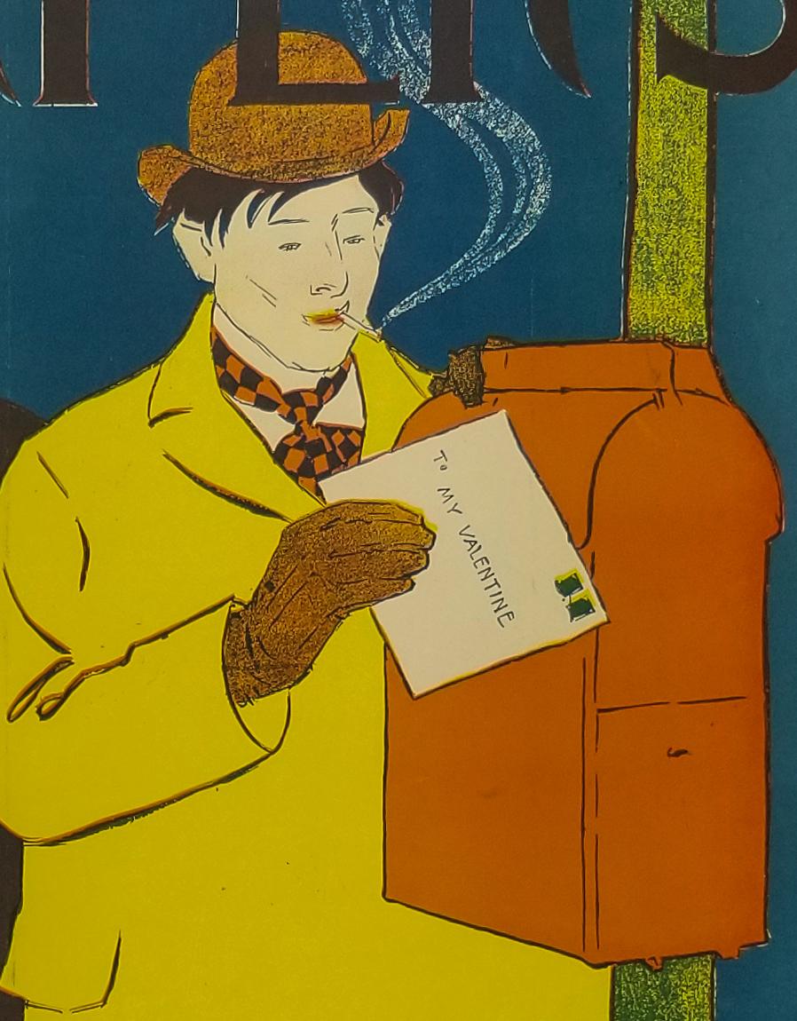 Original 1895 poster for Harper’s New Monthly Magazine, Feb 1895 by Edward Penfield, depicting a woman watching man at mailbox with his Valentines to be mailed.  Matted in a dark teal conservation mat.  Image size: 18 x 12 inches.  Overall size with