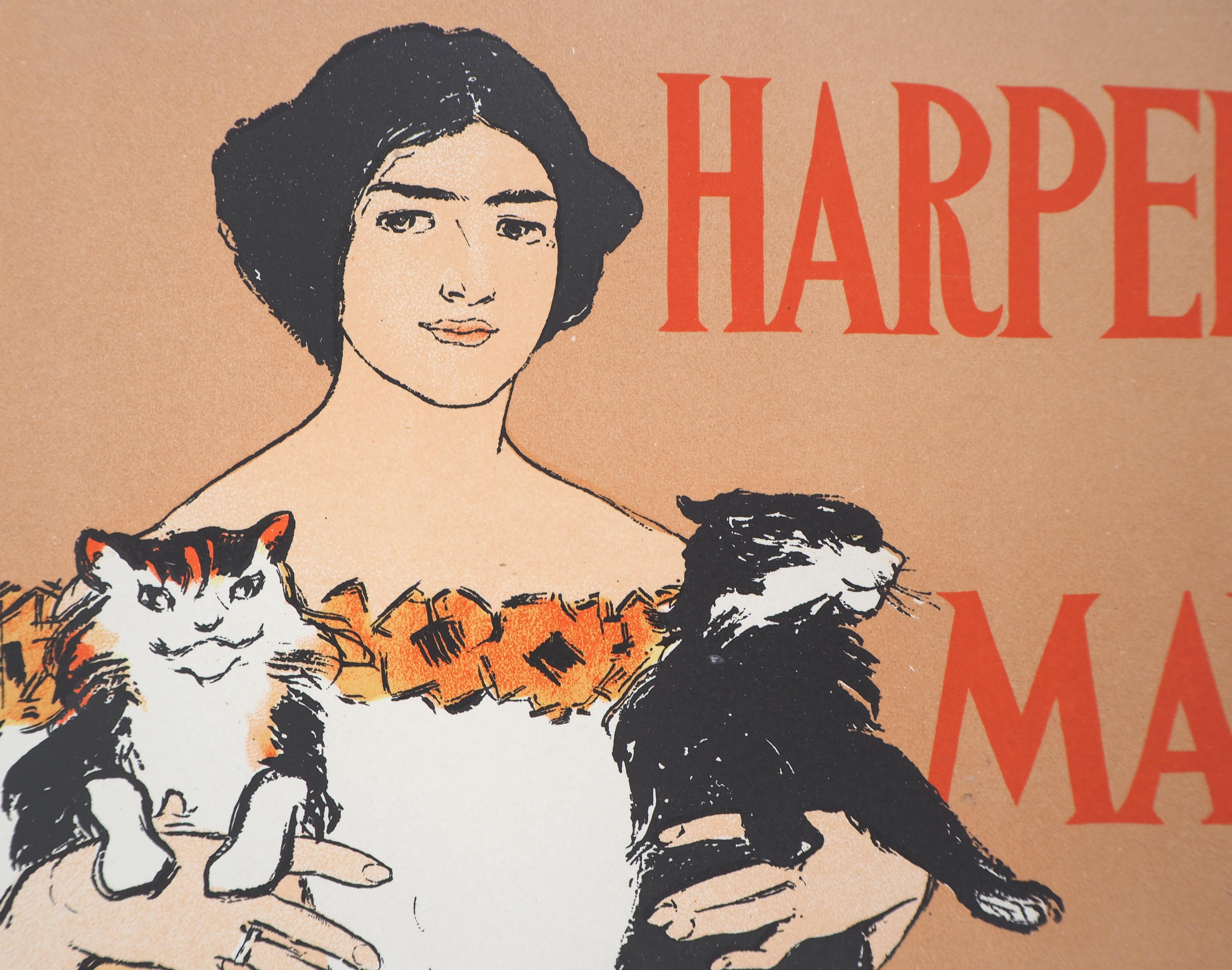 Young Lady and Two Cats (Harper's) - Lithograph (Les Maîtres de l'Affiche), 1897 - Beige Figurative Print by Edward Penfield