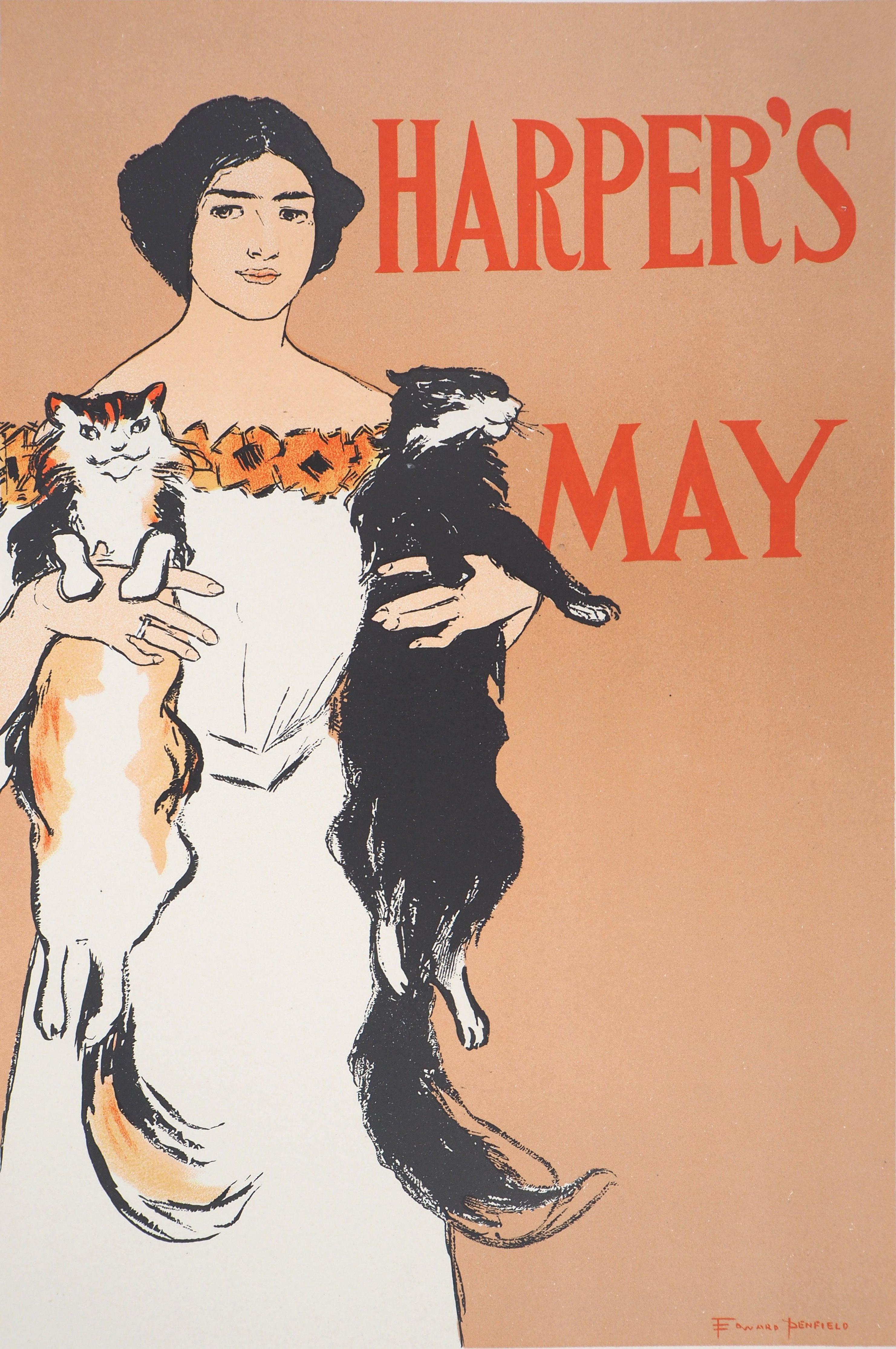 Edward Penfield Animal Print - Young Lady and Two Cats (Harper's) - Lithograph (Les Maîtres de l'Affiche), 1897