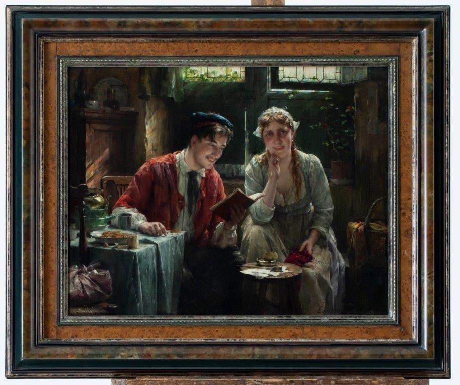 Die schöne Geschichte, belgische Inneneinrichtung, romantisches Porträt, Öl/Leinwand – Painting von Edward Antoon Portielje