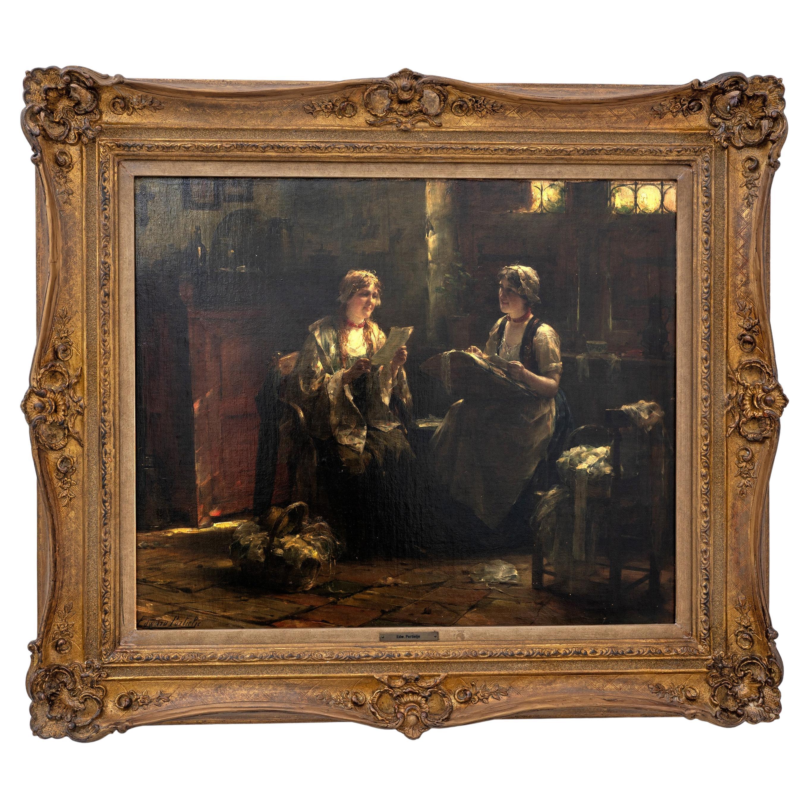 Edward Portielje "La lettera", dipinto a olio fiammingo del XIX secolo raffigurante due signore