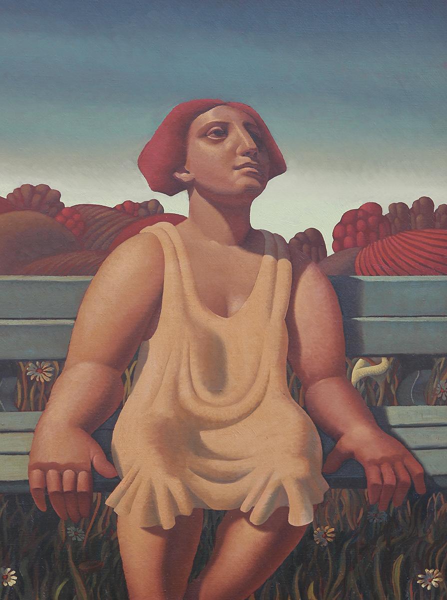 Dark green toned surrealistic portrait of a woman by English artist Edward Povey. Woman subject is depicted sitting on a blue bench against an abstracted red tone sunset or sunrise field. Povey's juxtaposition of formal elements along with his
