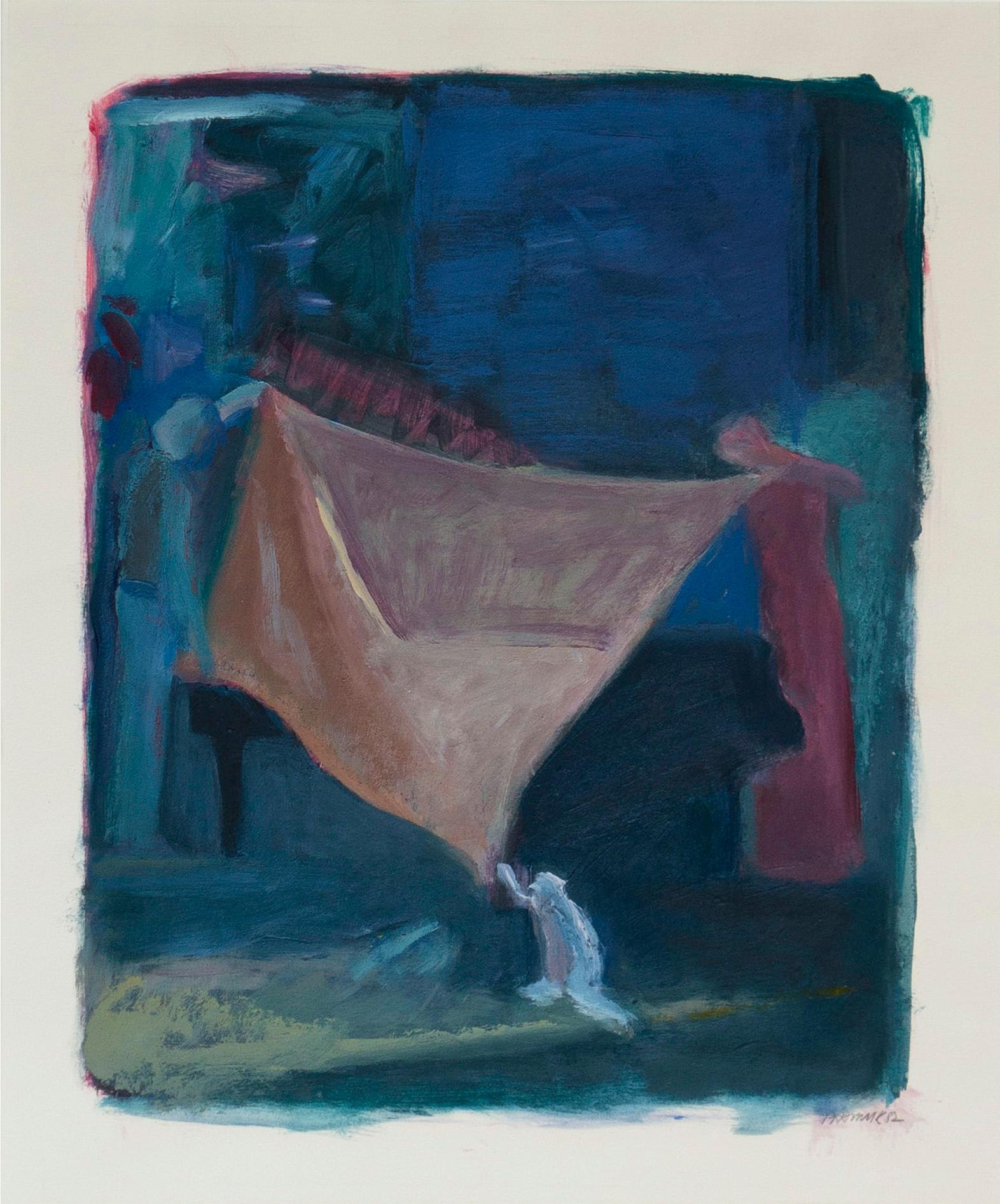 Edward Pramuk Interior Painting - "Covering: Blue Wall" 1982, Acrylic and Mixed Media on Rives paper, Unframed