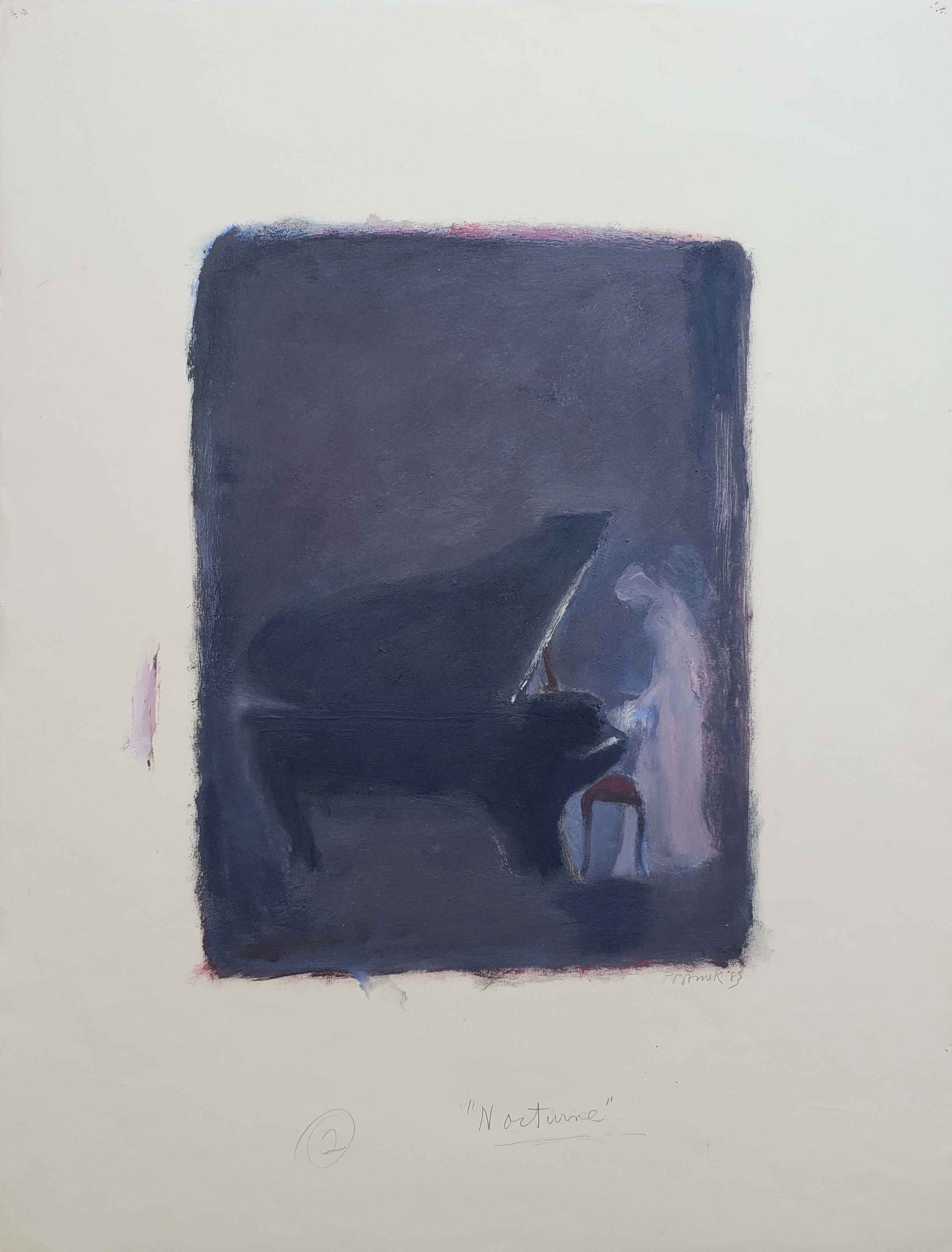 Edward Pramuk Figurative Painting - "Nocturne" 1983, Acrylic on Rives Paper, Abstract Pianist
