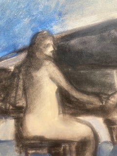 "The Music Lesson" 1983, Pastel on Rives Paper, Abstract Pianist