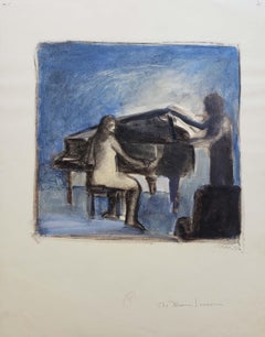 "The Music Lesson" 1983, Pastel on Rives Paper, Abstract Pianist