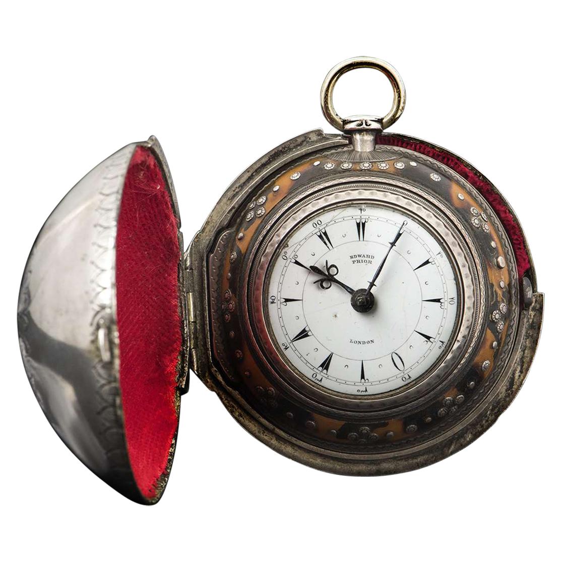 Edward Prior Rare Vintage Silver Triple Case Pocket Watch White Enamel Dial