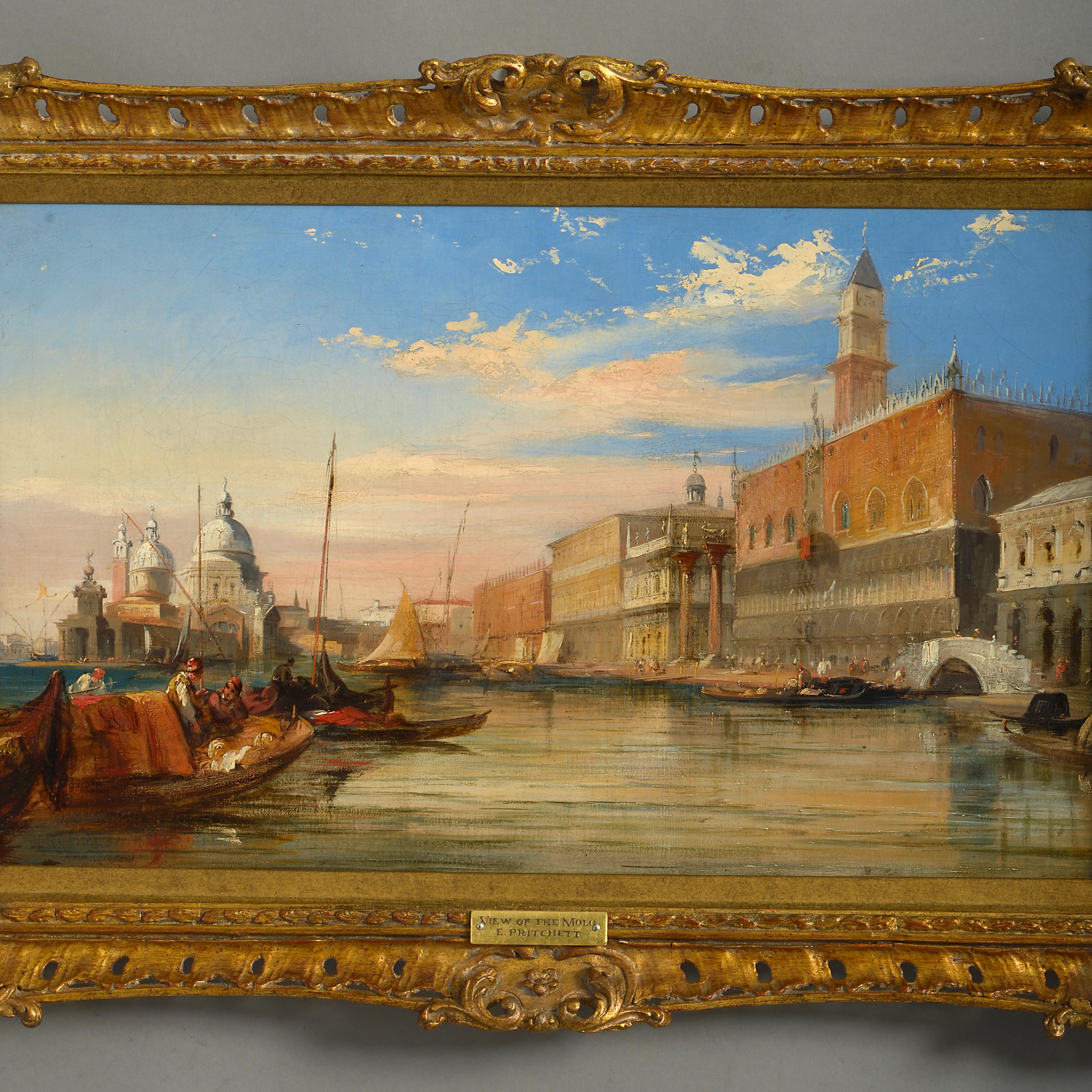 Edward Pritchett (Fl.1828-1864)

Venice: A view of the Molo with Doges Palace and the church of Santa Maria della Salute beyond.

Oil on canvas; held in a decorative gilt frame.

Provenance: Christies, Victorian Pictures, 26th November, 2002,