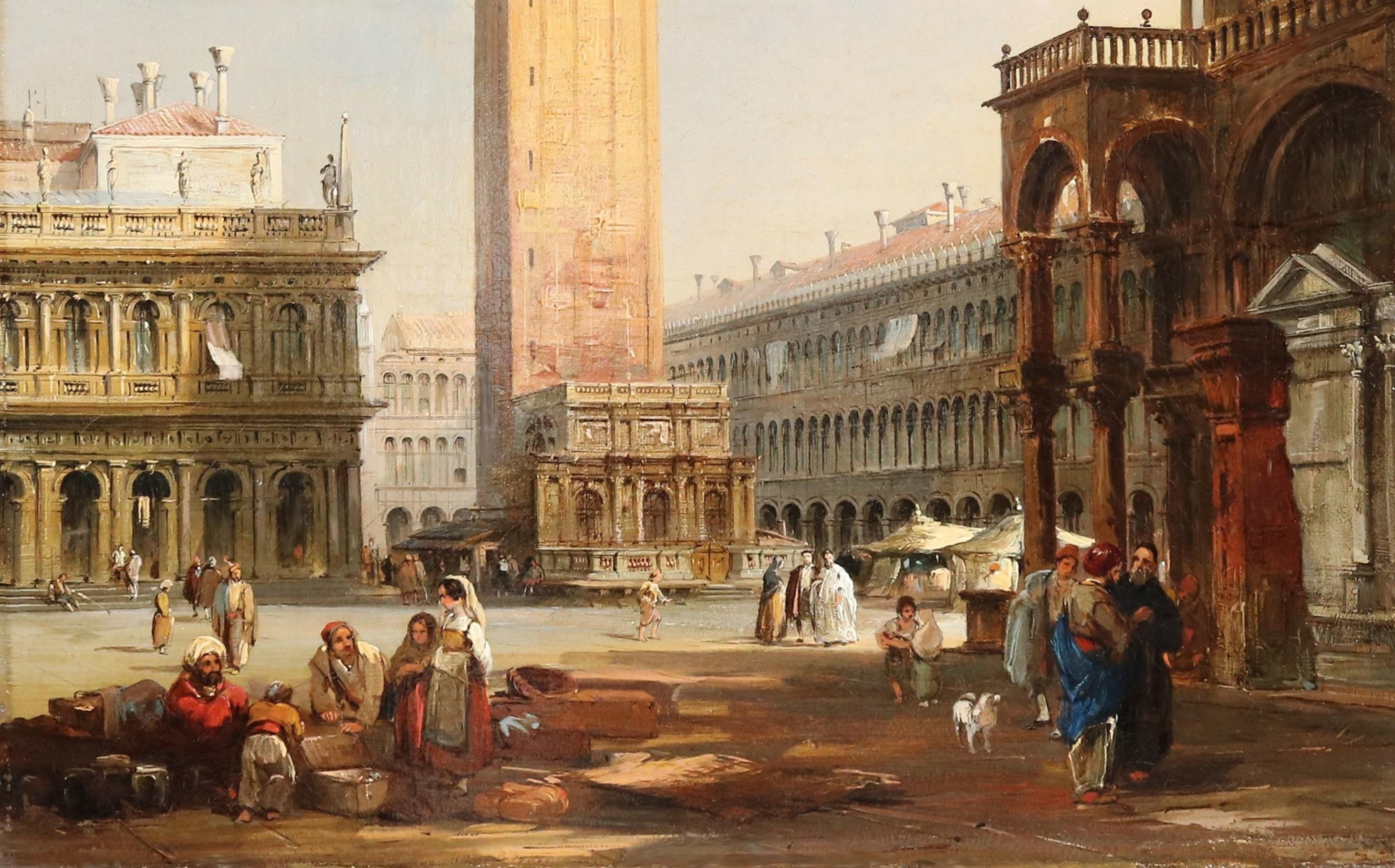 Pittura ad olio del XIX secolo di Piazza San Marco a Venezia dalla Palaca Ducale - Painting Antichi maestri di Edward Pritchett