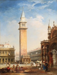 Fine 19th Century Oil Painting of Venice - St. Mark's Square and Campanile Italy
