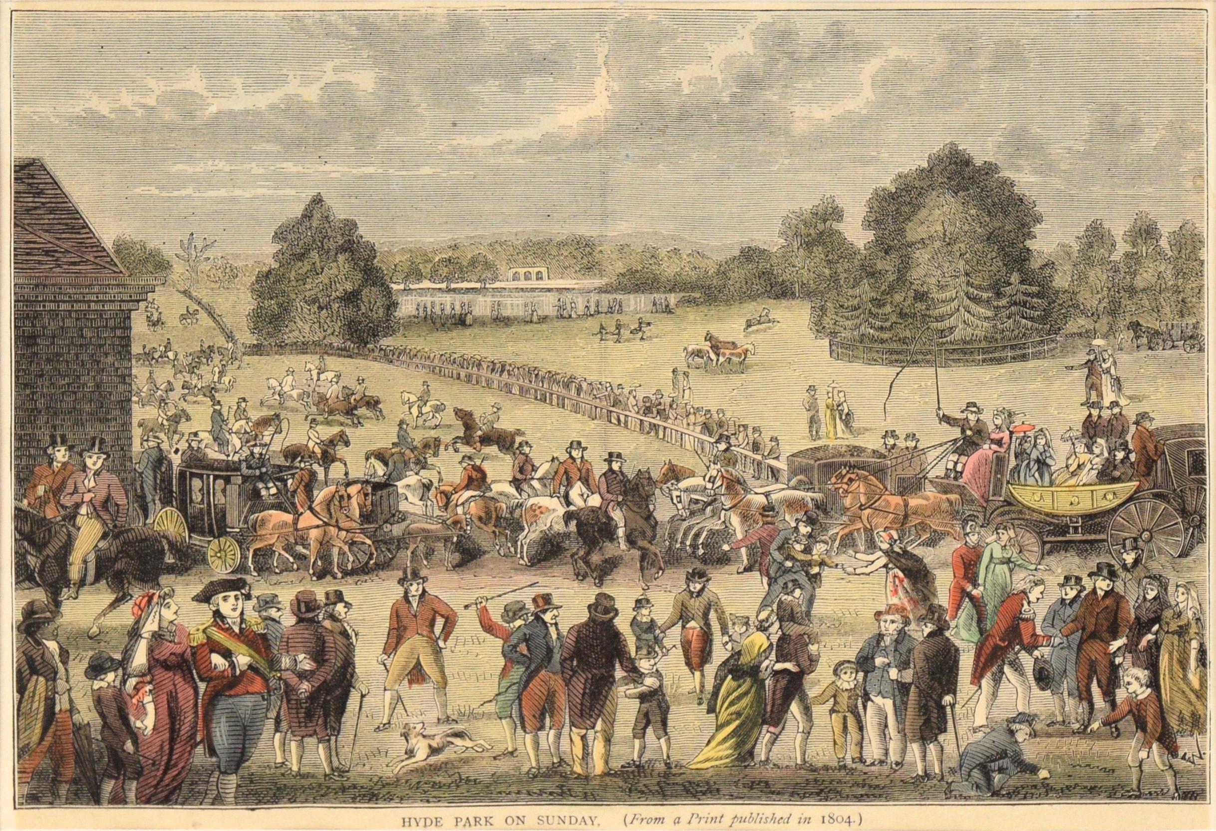 „Hyde Park on Sunday“ – handkolorierte Radierung aus „Old and New London“ – Print von Edward Pugh