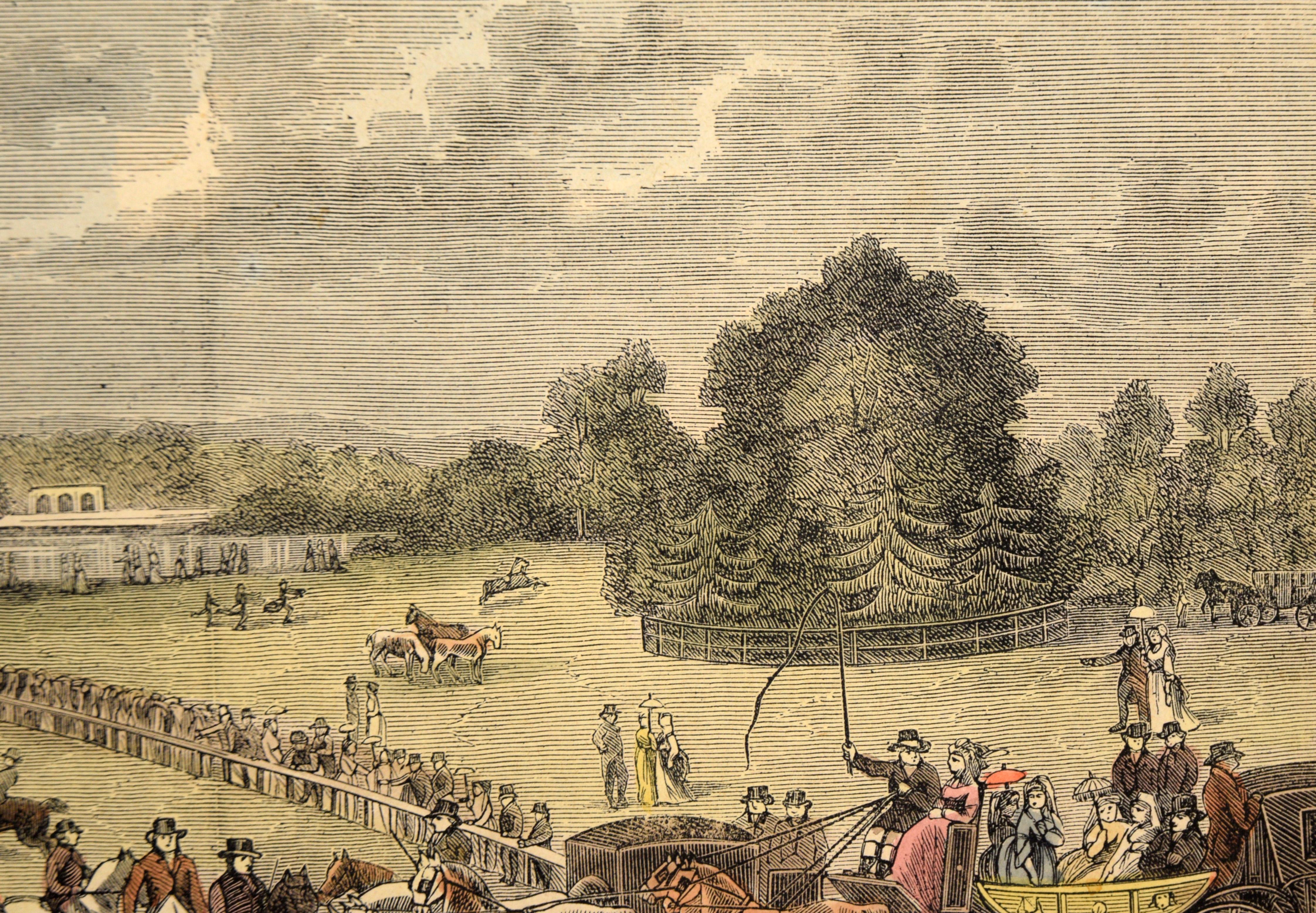 „Hyde Park on Sunday“ – handkolorierte Radierung aus „Old and New London“ (Grau), Figurative Print, von Edward Pugh