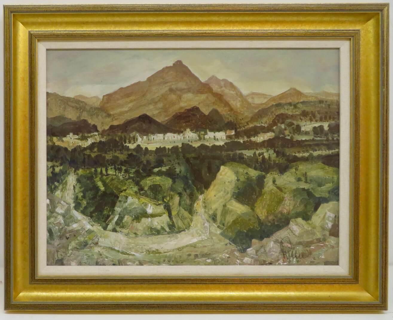 ARTIST: Edward Pullee NEAC (1907-2002) English 
TITLE:  "A Spanish Landscape"
SIGNED: lower right 
MEDIUM: oil on board
SIZE: 49cm x 40cm inc frame 
CONDITION: excellent 
DETAIL: Artist mainly in oil and watercolour, although earlier work involved