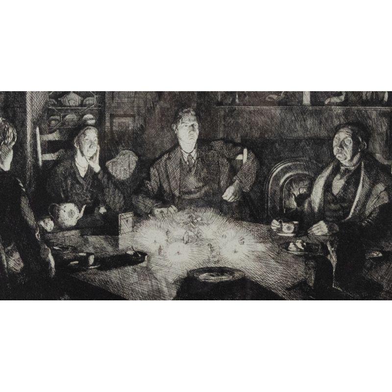 A delightfully detailed etching depicting a family gathered around the kitchen table having tea by candlelight. Signed in graphite to the lower right. Numbered 42/50. Presented in a light wooden frame. On paper.
