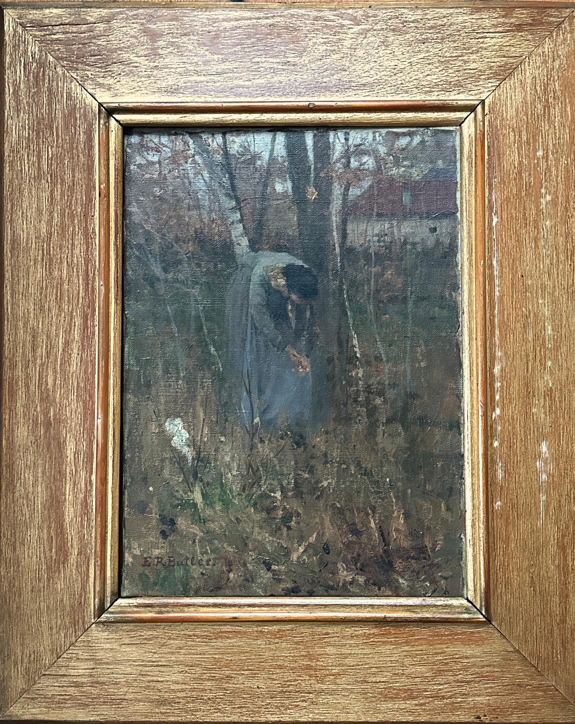 Frau pflückt Blumen, Ölgemälde, Kalifornischer Künstler Sacramento, Impressionist – Painting von Edward Riche Butler