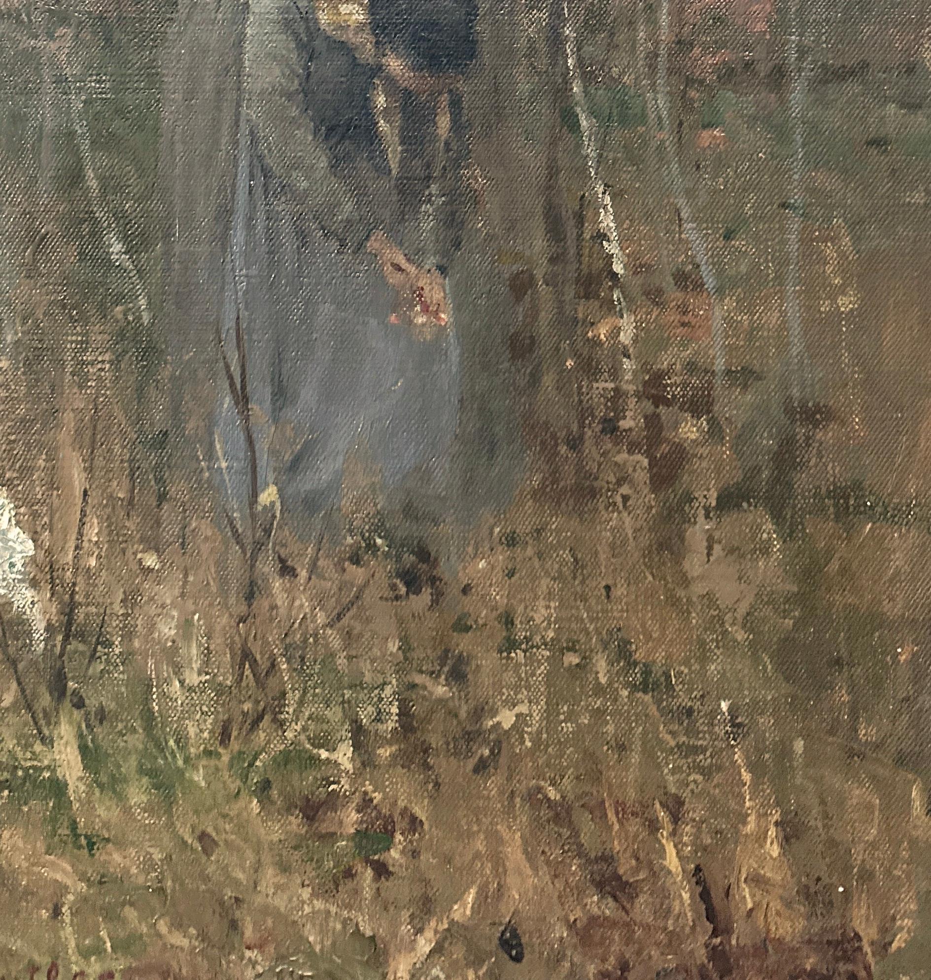 Frau pflückt Blumen, Ölgemälde, Kalifornischer Künstler Sacramento, Impressionist (Braun), Landscape Painting, von Edward Riche Butler