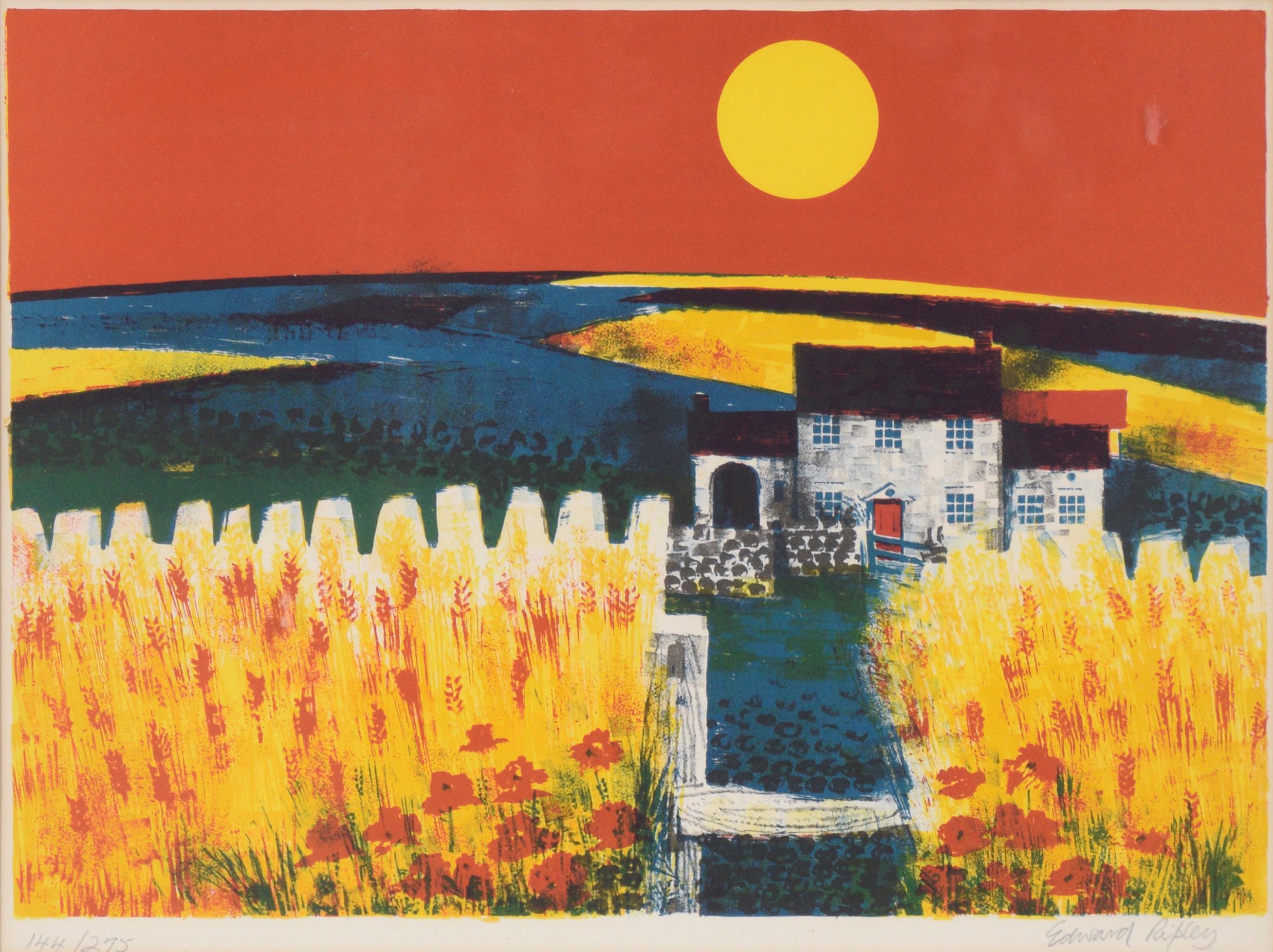 Bauernhaus und Weizenfeld bei Sonnenuntergang - Landschaftslithografie mit Tinte auf Papier – Print von Edward Ripley