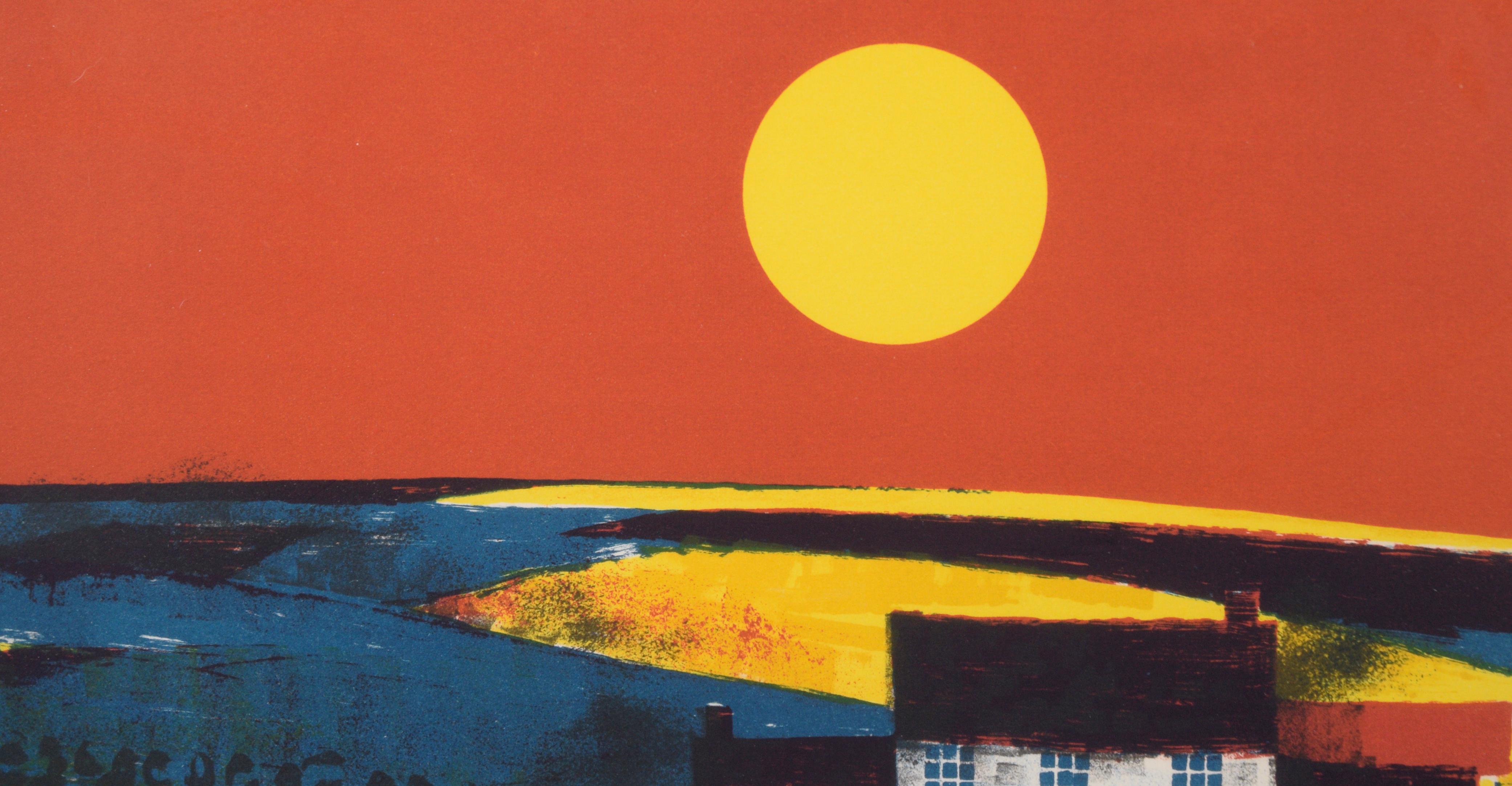 Bauernhaus und Weizenfeld bei Sonnenuntergang - Landschaftslithografie mit Tinte auf Papier (Moderne), Print, von Edward Ripley