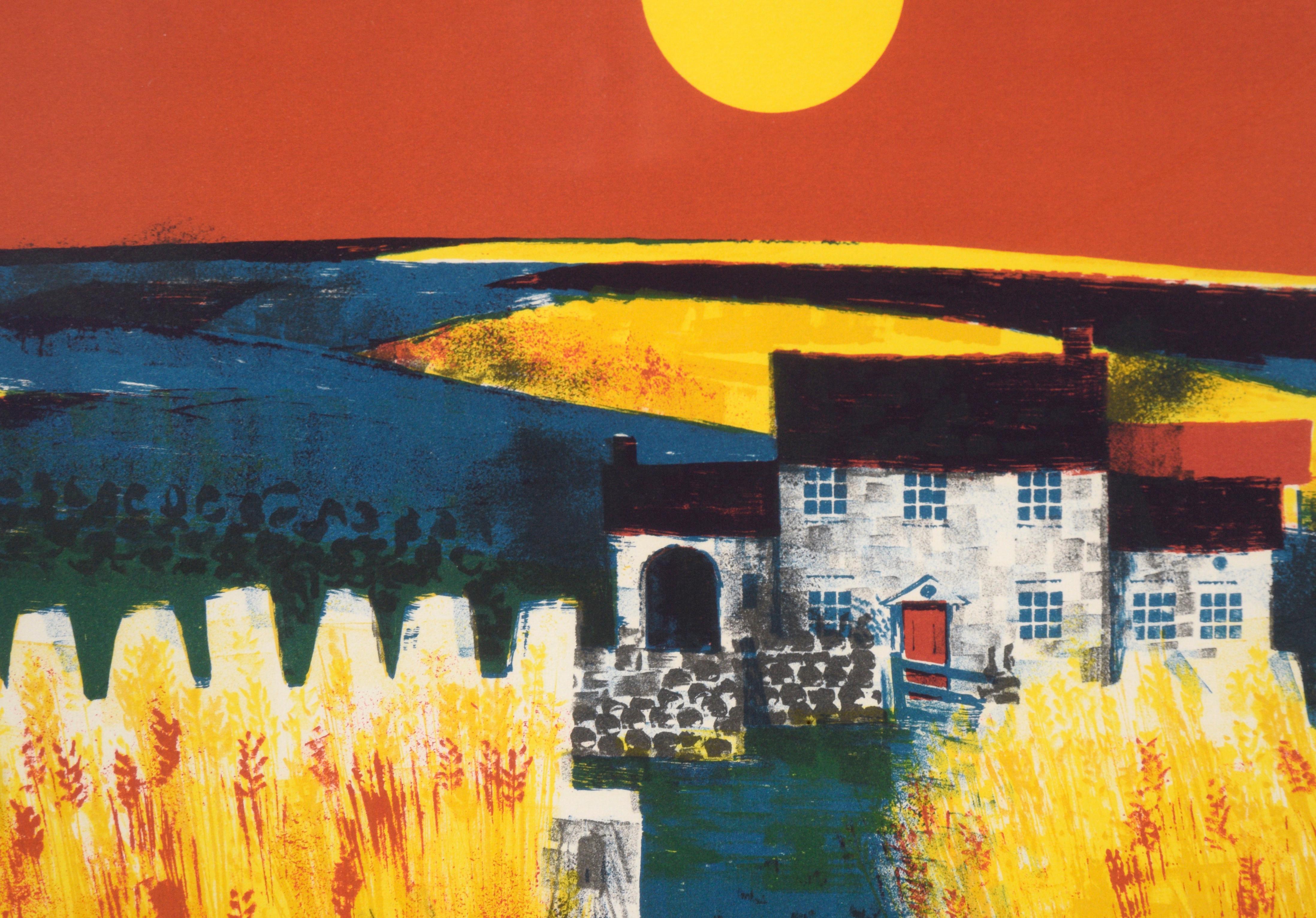 Bauernhaus und Weizenfeld bei Sonnenuntergang - Landschaftslithografie mit Tinte auf Papier

Reiche und gesättigte Landschaft von Edward Ripley (Brite, geb. 1929). Eine leuchtend gelbe Sonne hängt über einer bäuerlichen Landschaft vor einem