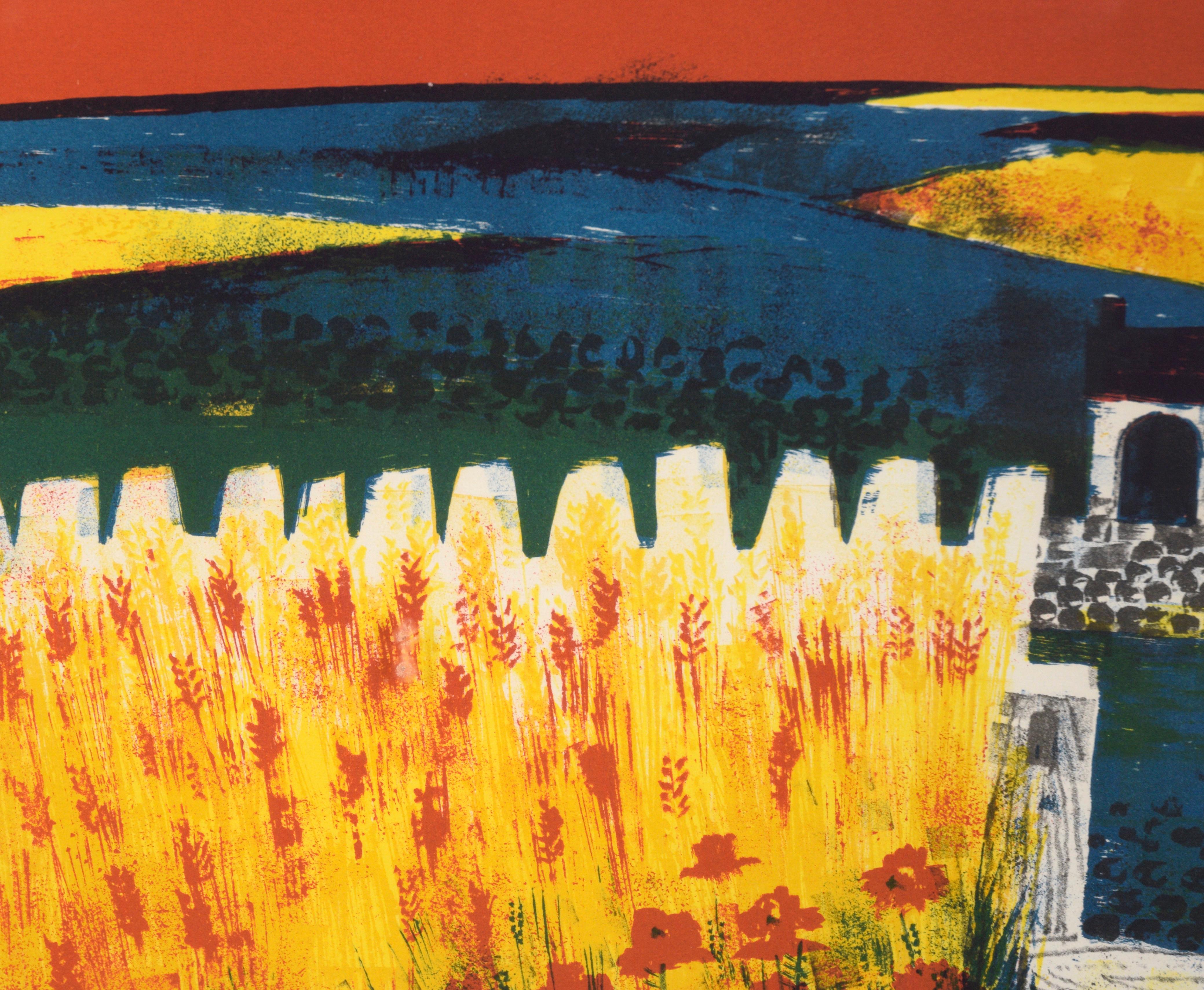 Bauernhaus und Weizenfeld bei Sonnenuntergang - Landschaftslithografie mit Tinte auf Papier im Angebot 1