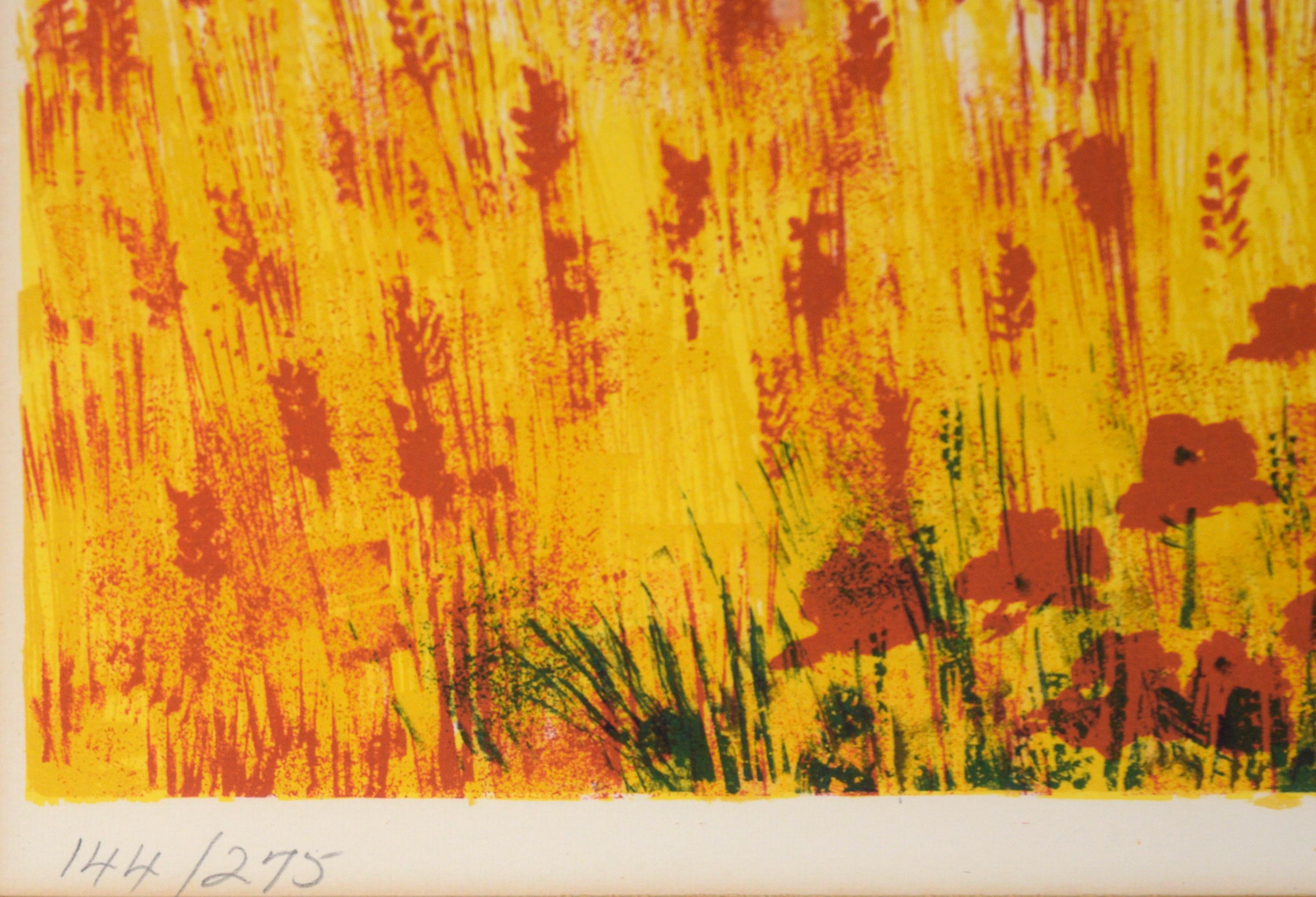 Farmhouse and the Wheat Field at Sunset - Landscape Lithograph in Ink on Paper For Sale 2