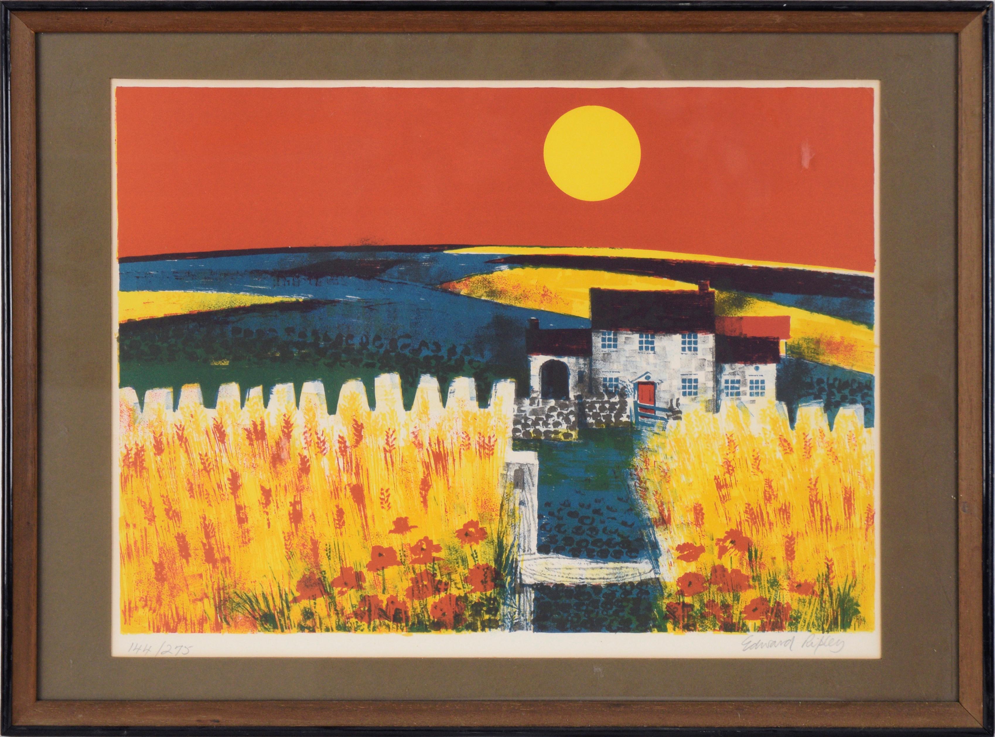 Bauernhaus und Weizenfeld bei Sonnenuntergang - Landschaftslithografie mit Tinte auf Papier