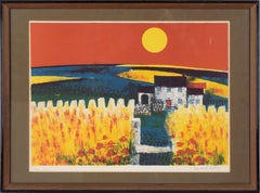 Retro Farmhouse and the Wheat Field at Sunset - Landscape Lithograph in Ink on Paper