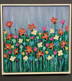 Edward Rittenberg, "Fields Aglow" 36x36 Pintura acrílica de texturas florales vibrantes