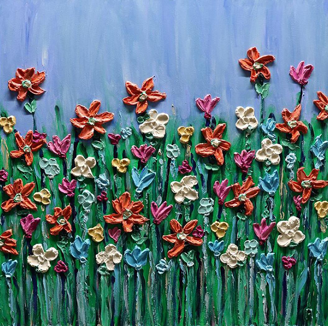 Edward Rittenberg, "Fields Aglow" 36x36 Pintura acrílica de texturas florales vibrantes