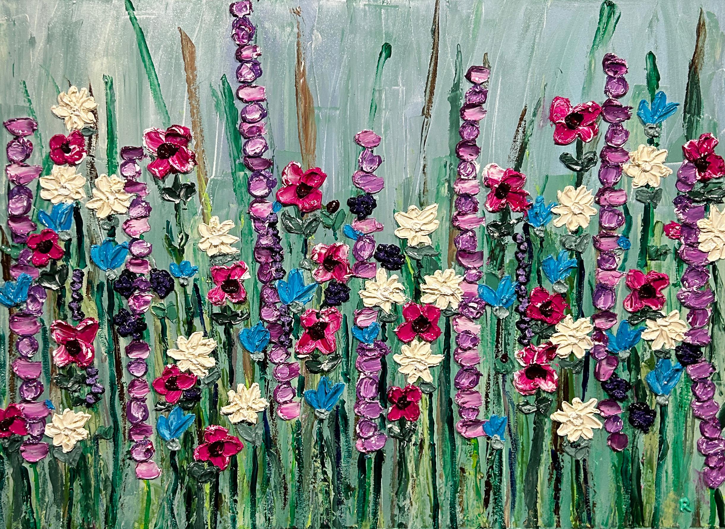 This heavily textured painting presents a dense, vertical field of flowers, alive with color and movement against a soft, mint-green background. The surface is richly built up, with thick applications of paint that give the blooms a raised, almost