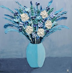 Edward Rittenberg, "Steely Blues" 36x36 Textural Vibrant Blue Floral Painting