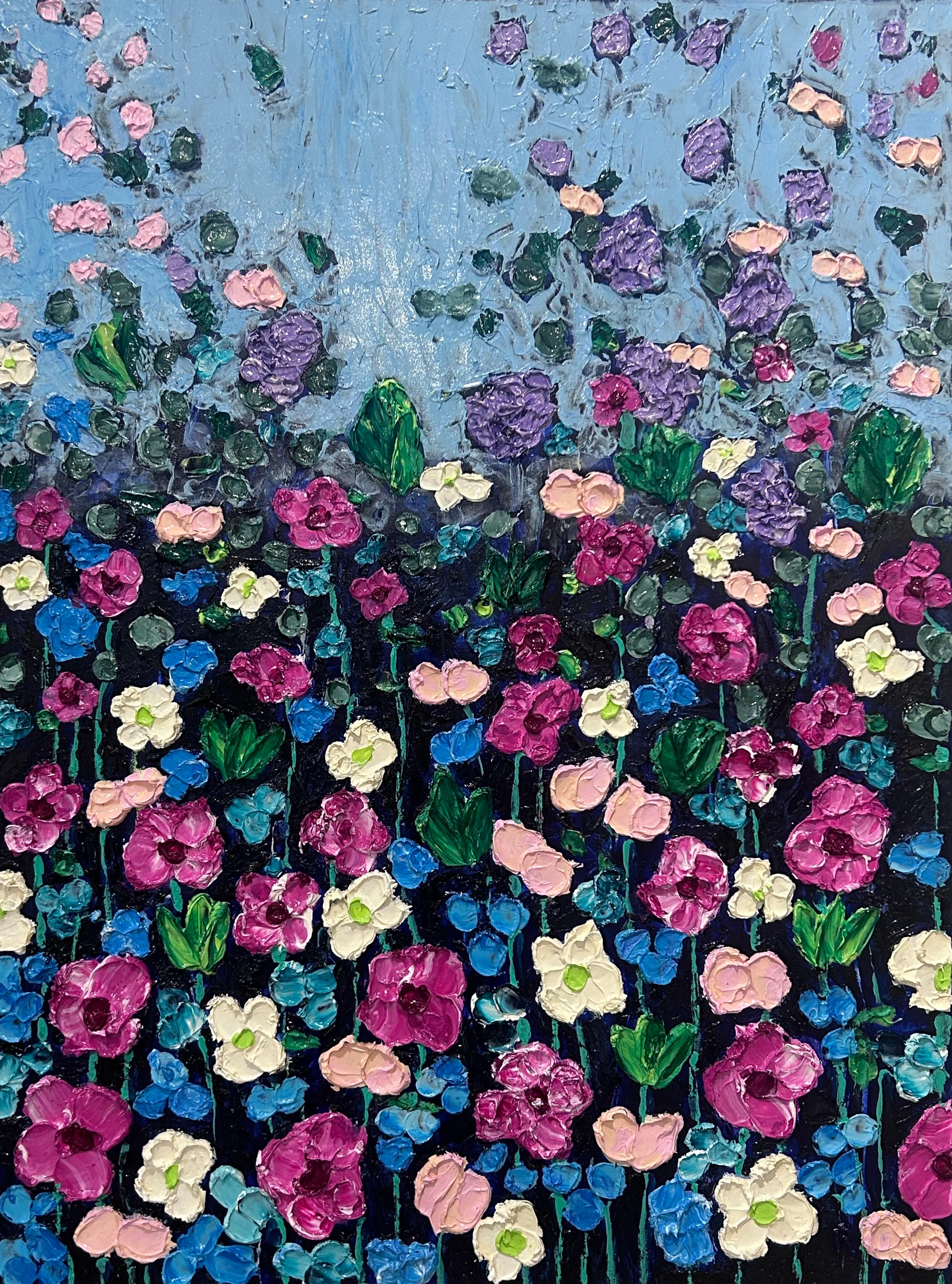 Edward Rittenberg, "La danza de las flores" 40x30 Pintura floral de textura vibrante