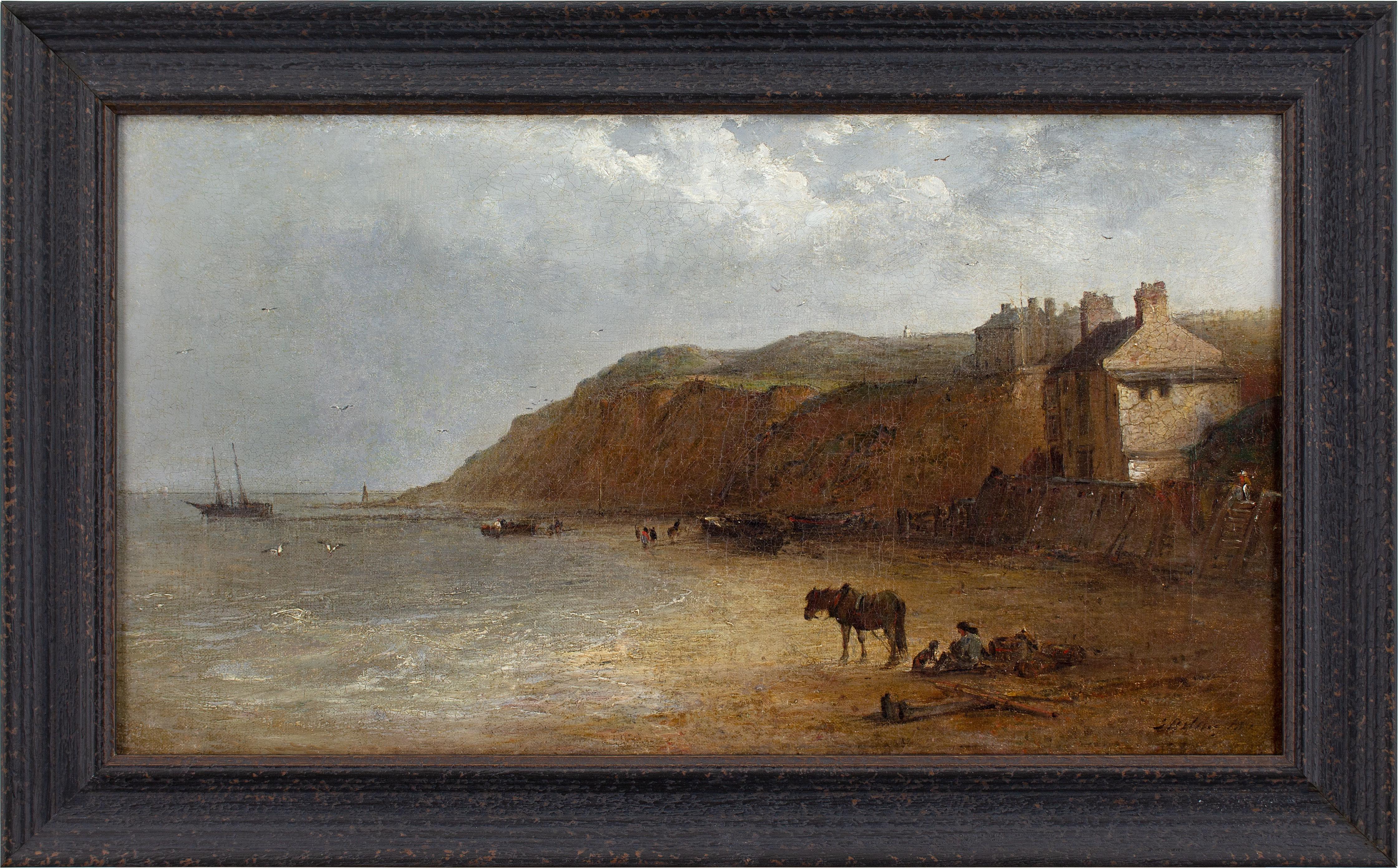 Edward Robert Smythe Landscape Painting - Late Victorian English Oil Painting, Beach Scene With Horses, Figures 
Building