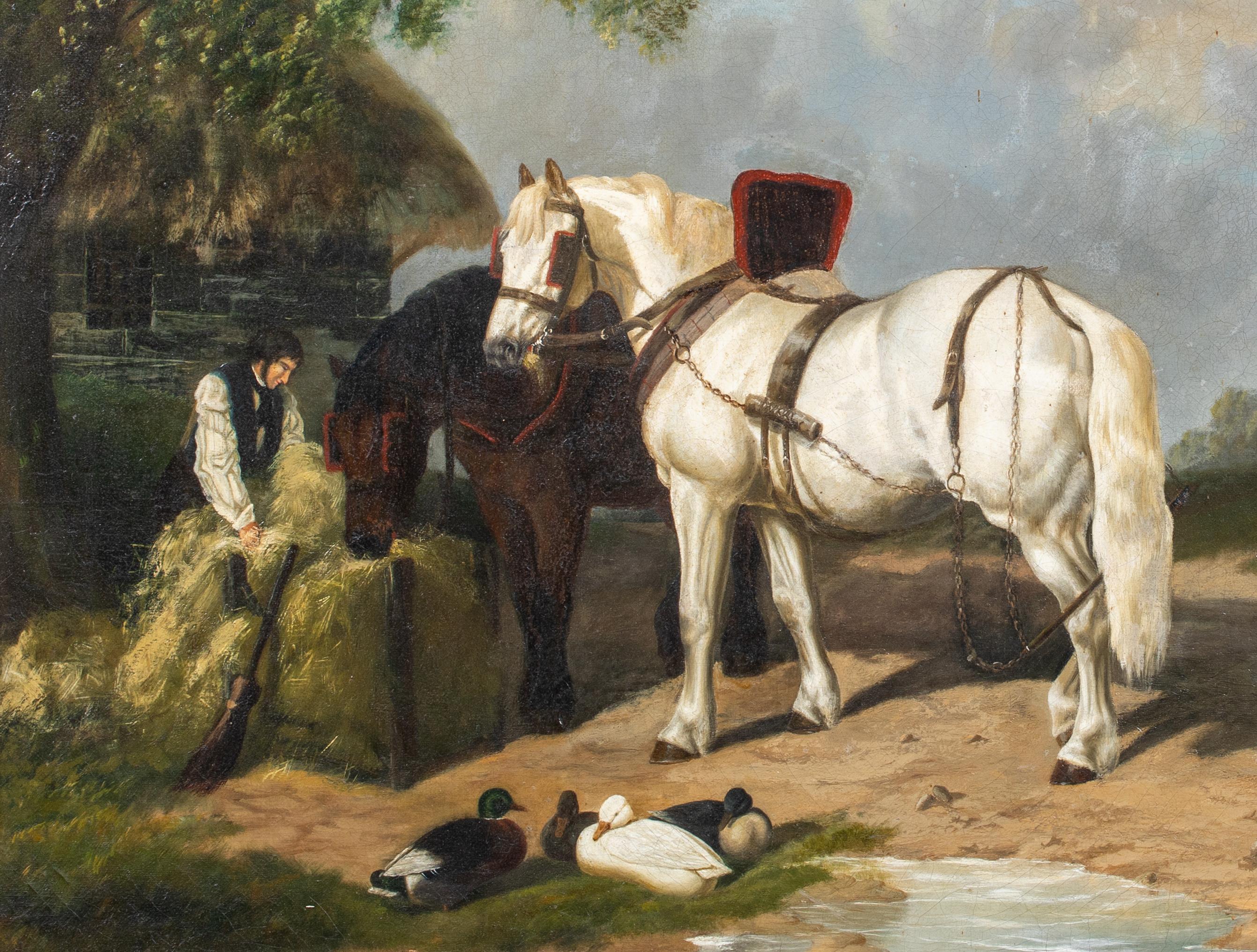 Feeding The Plough Horses, 19th Century

attributed to Edward Robert SMYTHE (1810-1899) 

Large 19th Century English farm scene of a farmer feeding his plough horses on the yard, oil on canvas. Excellent quality and condition identical to the works