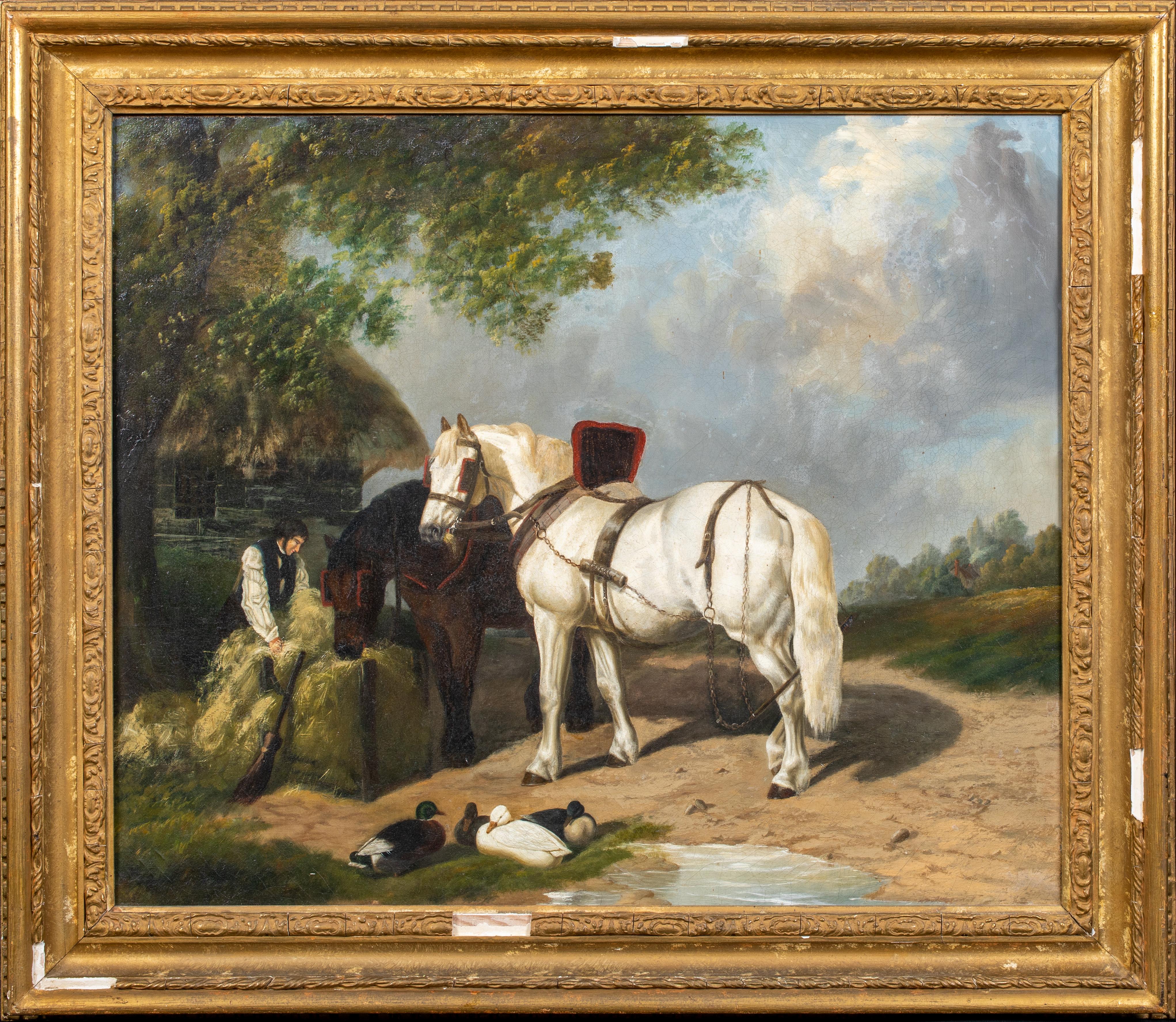 Edward Robert Smythe Landscape Painting - Feeding The Plough Horses, 19th Century