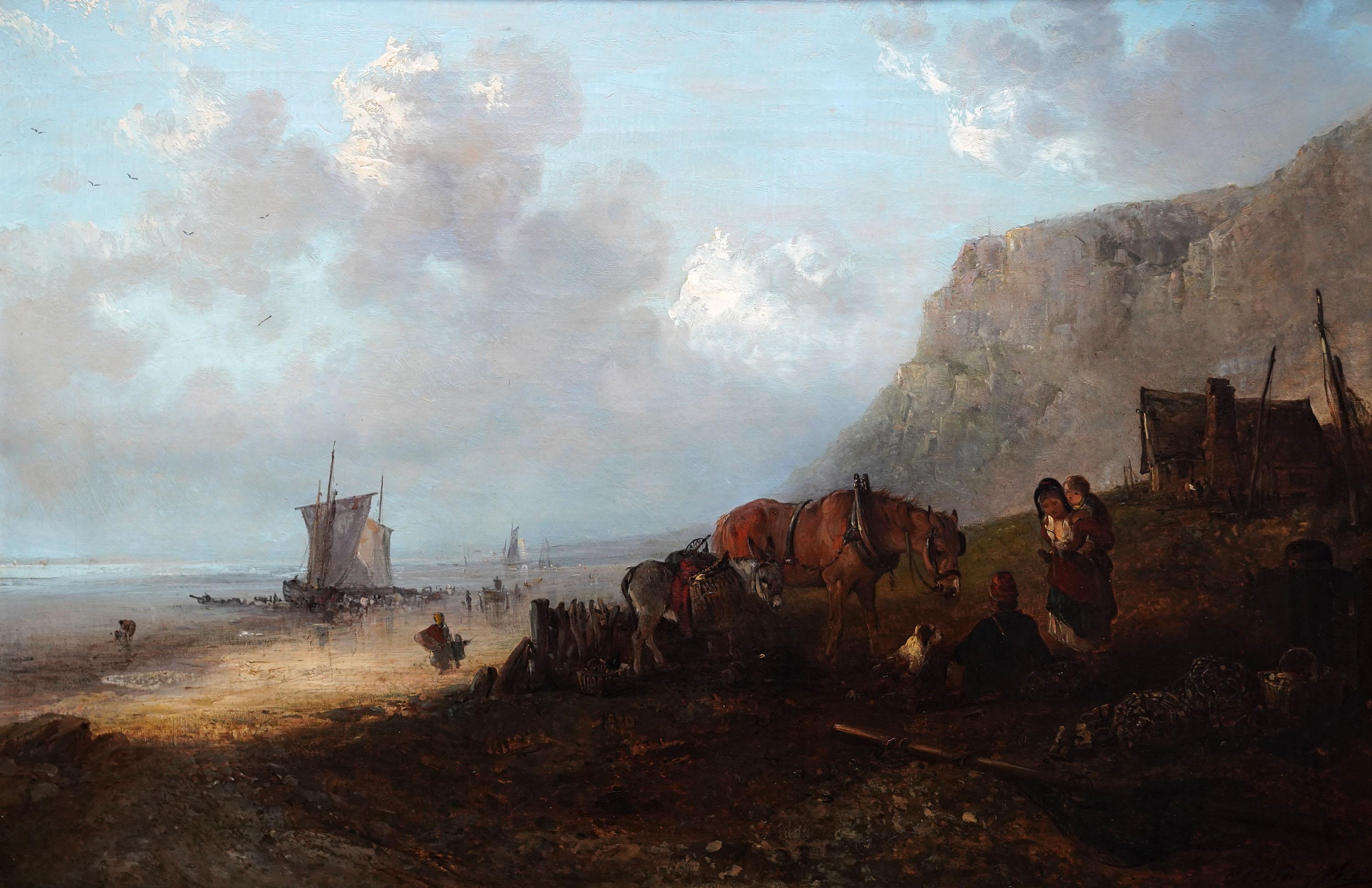 Paisaje costero figurativo - Británico c 1850 Pintura al óleo de arte victoriano en venta 8