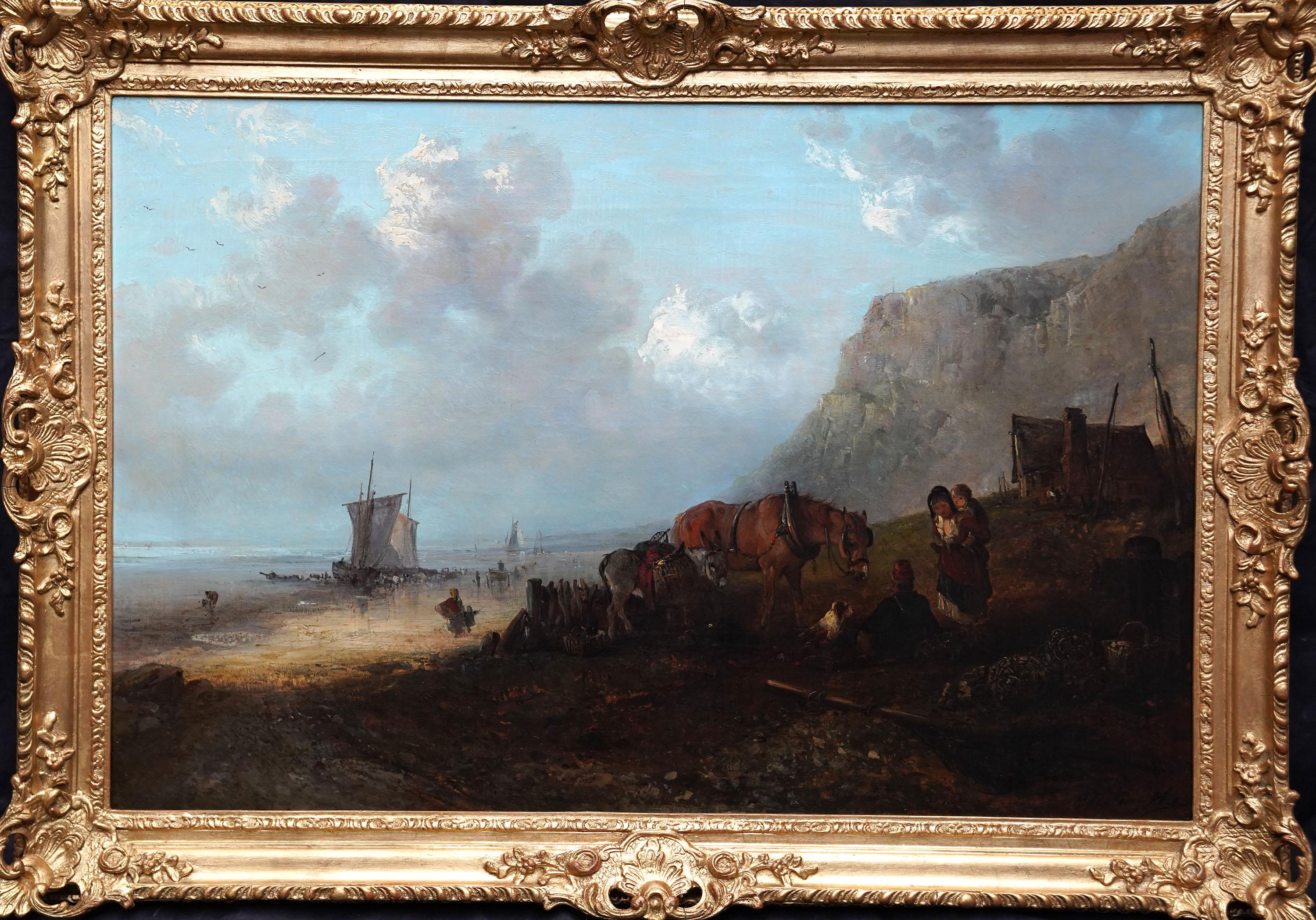 Paisaje costero figurativo - Británico c 1850 Pintura al óleo de arte victoriano en venta 9