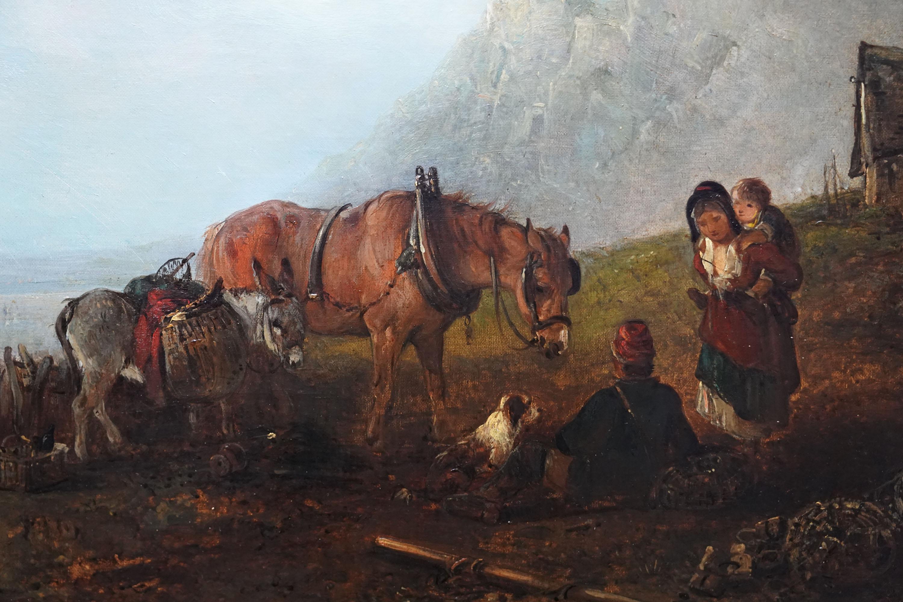 Paisaje costero figurativo - Británico c 1850 Pintura al óleo de arte victoriano - Landscape Painting Gris de Edward Robert Smythe