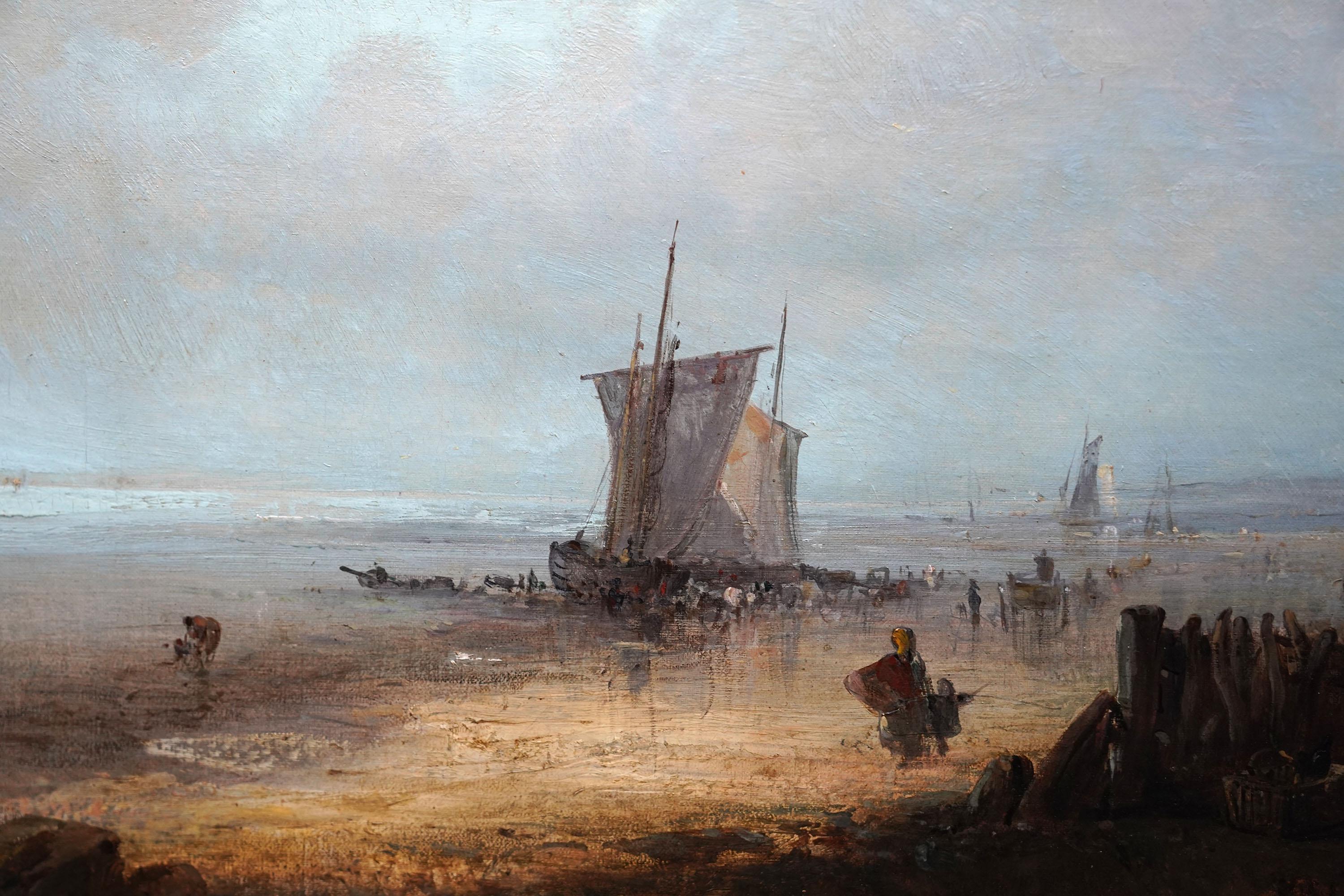 Este interesante óleo de paisaje costero británico del siglo XIX es obra del célebre artista de la Escuela de Suffolk Edward Robert Smythe. Pintado hacia 1850, se trata de un ajetreado paisaje costero con figuras, caballos y una vivienda en primer