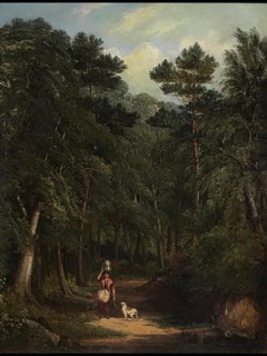 Fine Victorian Oil Painting, Milk Maid & Dog Walking Through Wooded Valley