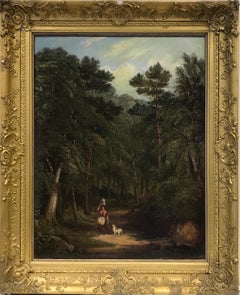 Antique Fine Victorian Oil Painting, Milk Maid & Dog Walking Through Wooded Valley